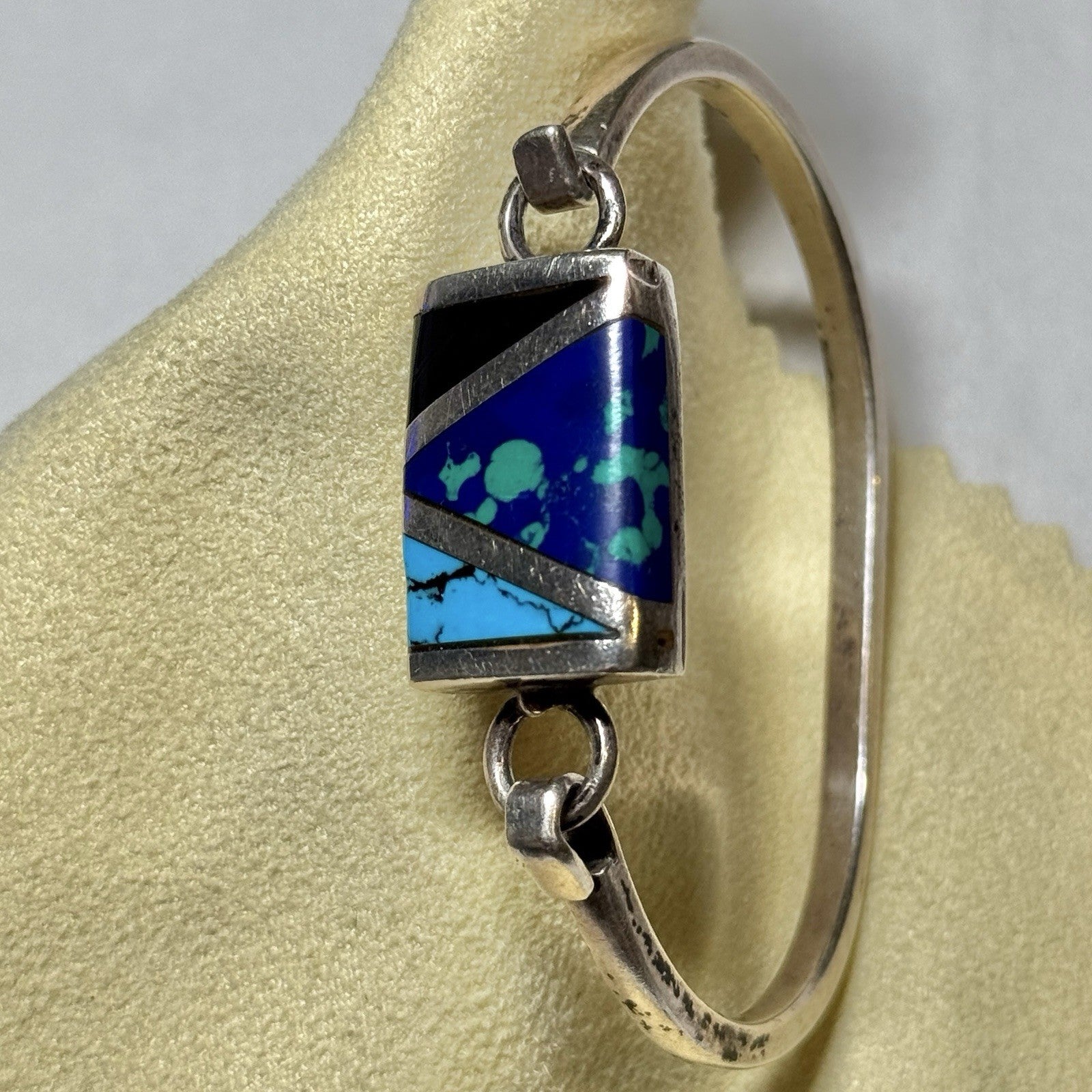 Vintage Mexico 925 Sterling Silver Inlay Cuff Bracelet Signed Plata 925 EBB