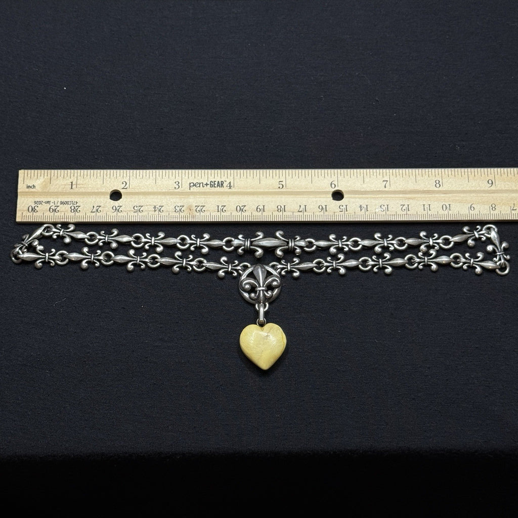 Darren Simonian Sterling Silver Fleur de Lis Necklace Amber Heart Pendant 925