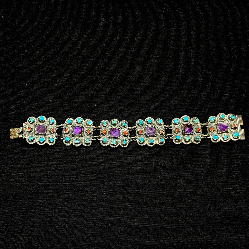 Estate Sterling Silver Matl Style Amethyst Turquoise Coral Bracelet 925 TP-102MX