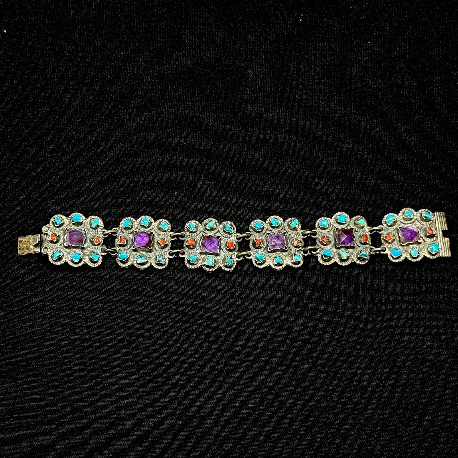 Estate Sterling Silver Matl Style Amethyst Turquoise Coral Bracelet 925 TP-102MX