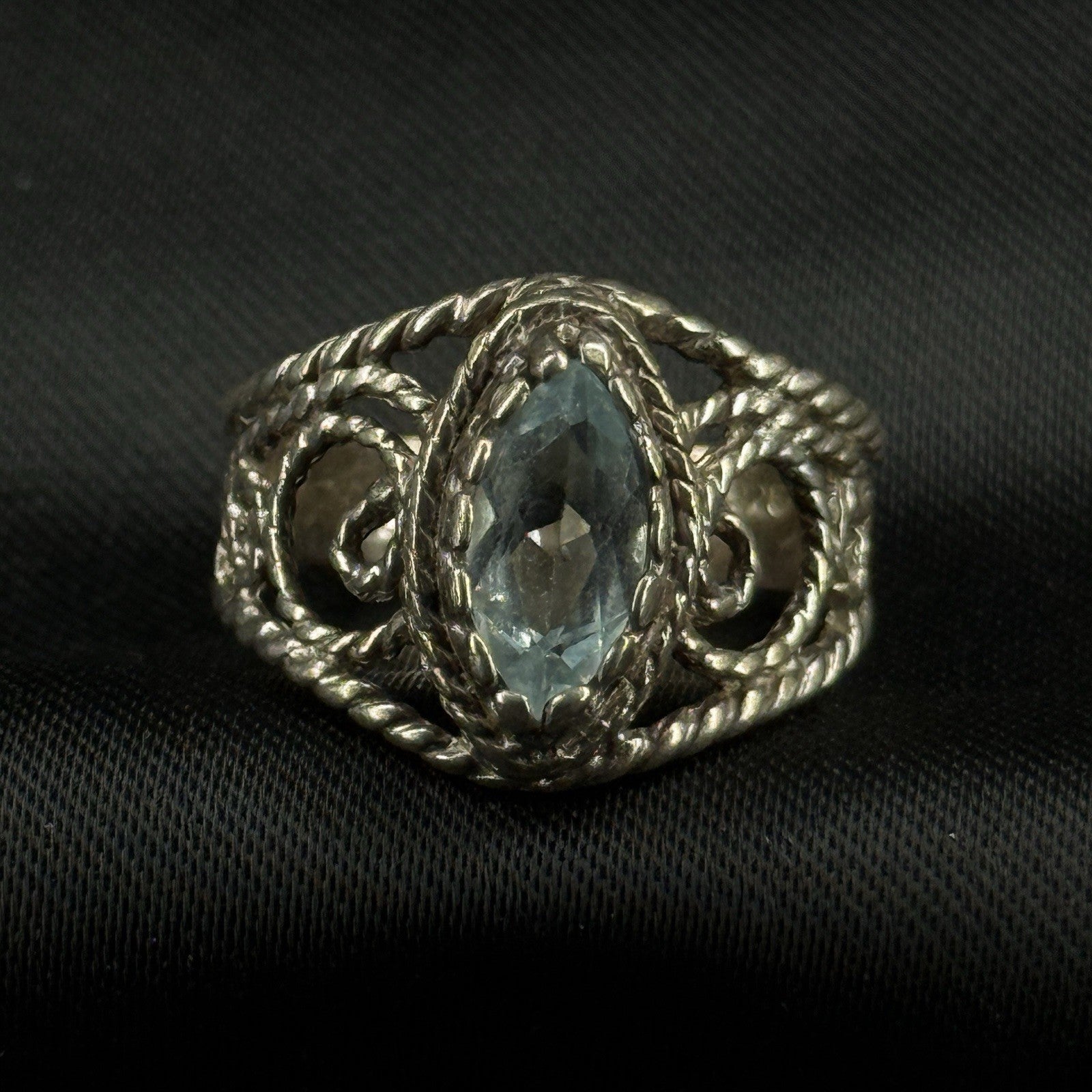 Estate Sterling Silver Ring Blue Topaz Filigree Rope Size 7 925