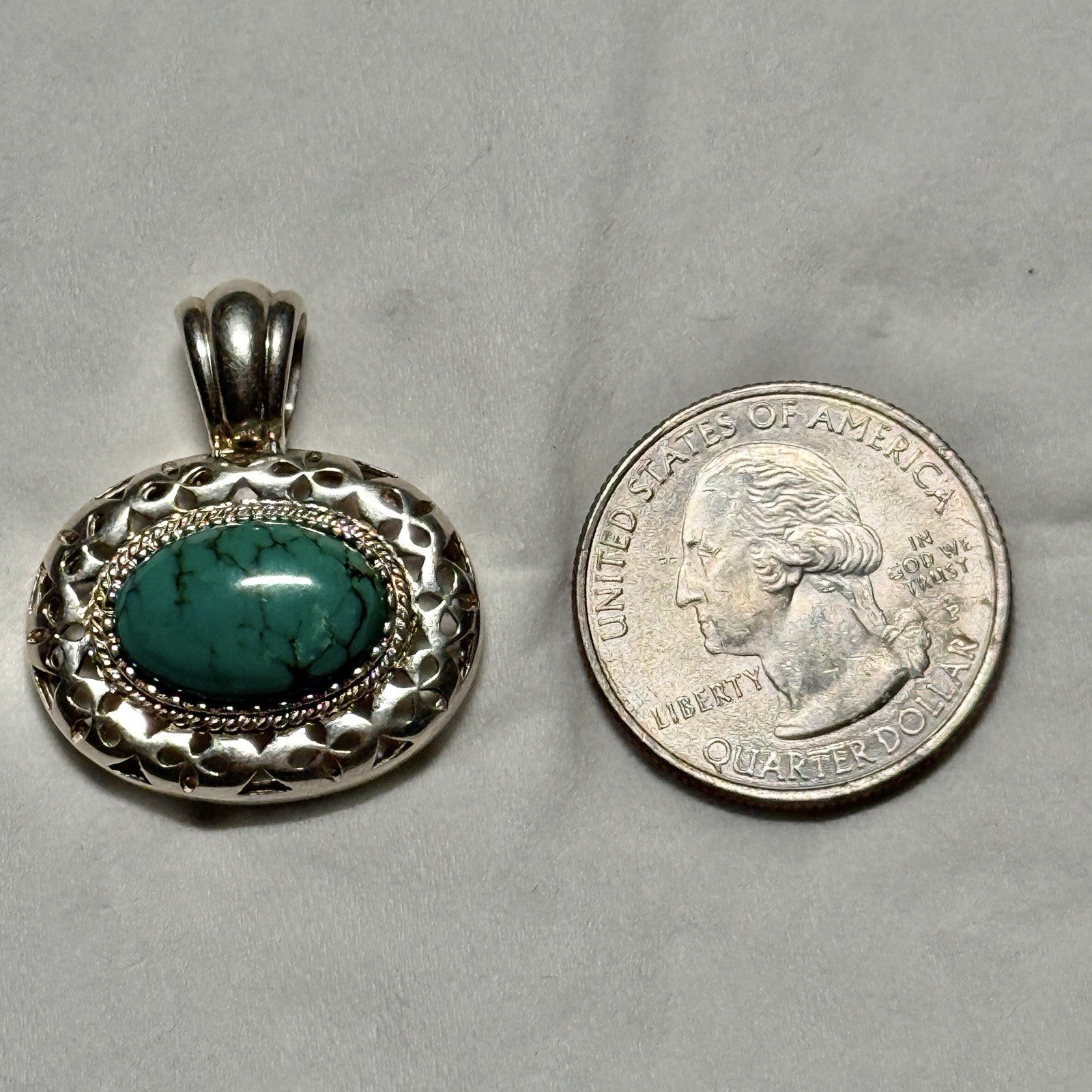 Sterling Silver Oval Turquoise Pendant Ornate Border Stamped 925