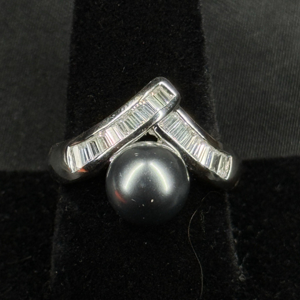 Estate Sterling Silver Ring Black Pearl Chevron Band Size 8.75 925
