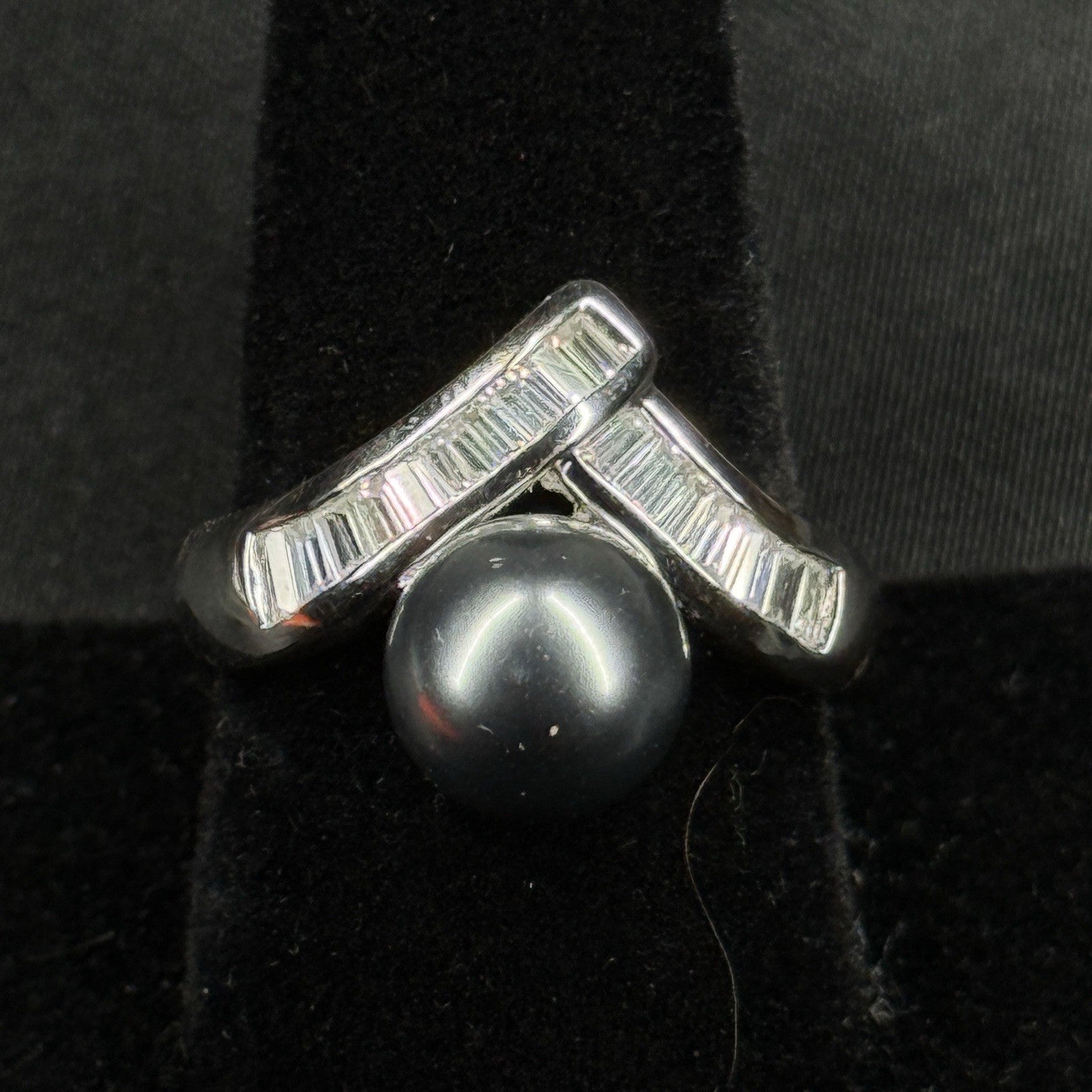 Estate Sterling Silver Ring Black Pearl Chevron Band Size 8.75 925