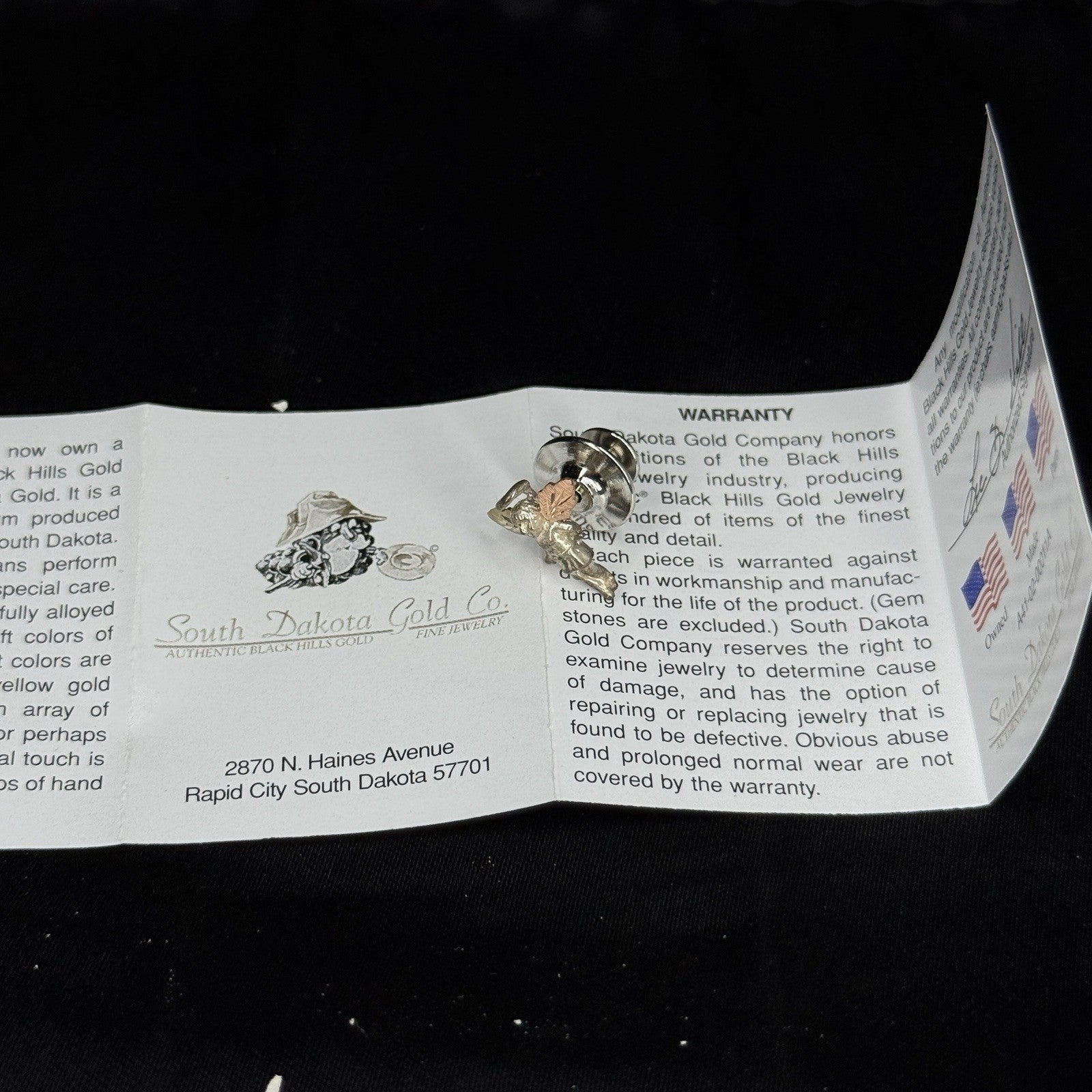 Vintage Black Hills South Dakota Gold Co Sterling Angel Pin Box And Paper