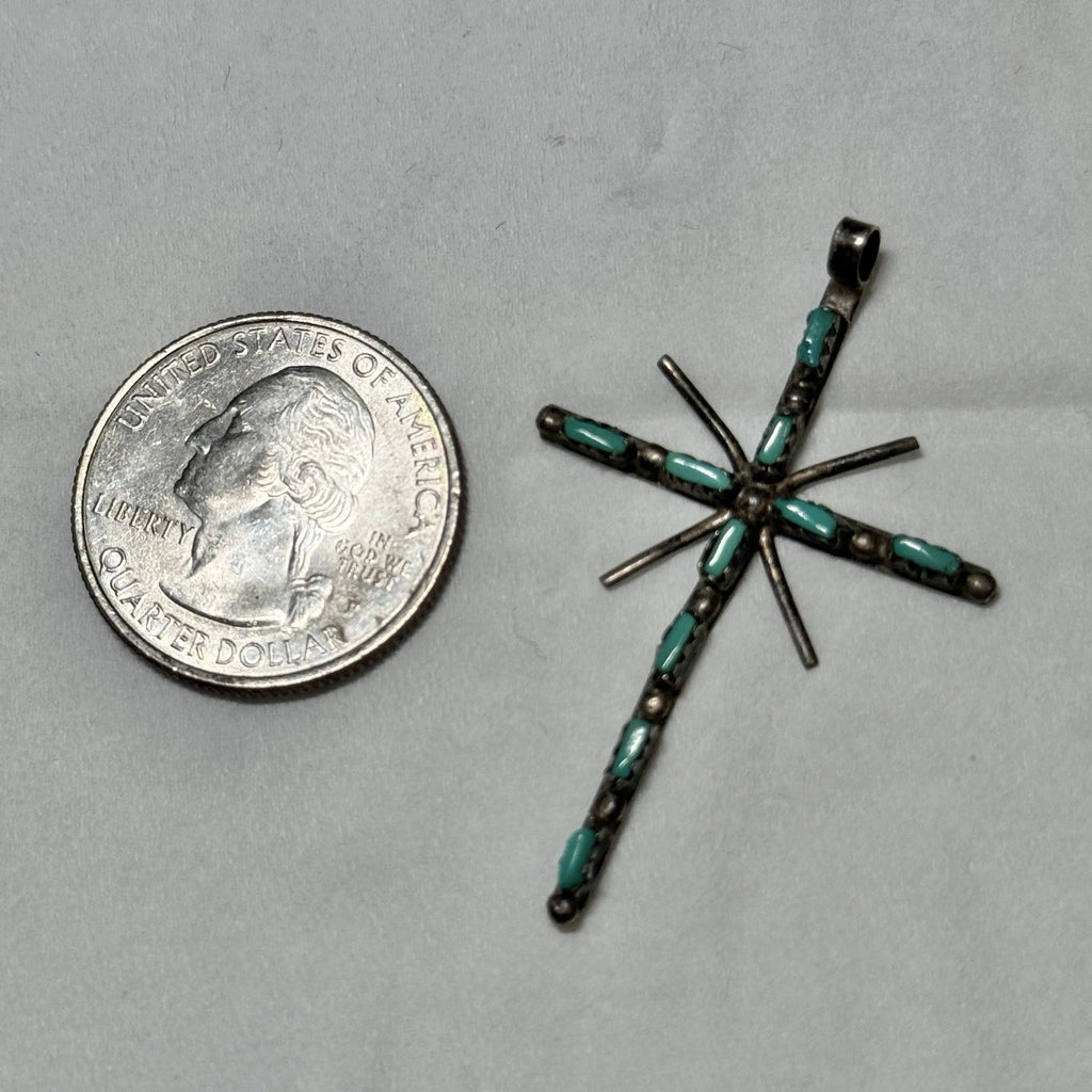 Vintage Native American Indian Navajo Cross Sterling Silver Turquoise Pendant