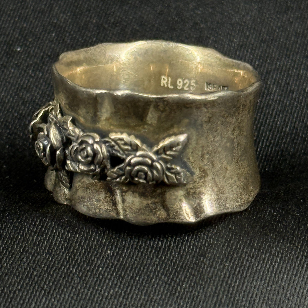 Estate Sterling Silver Ring floral Wide Band Size 6.75 925