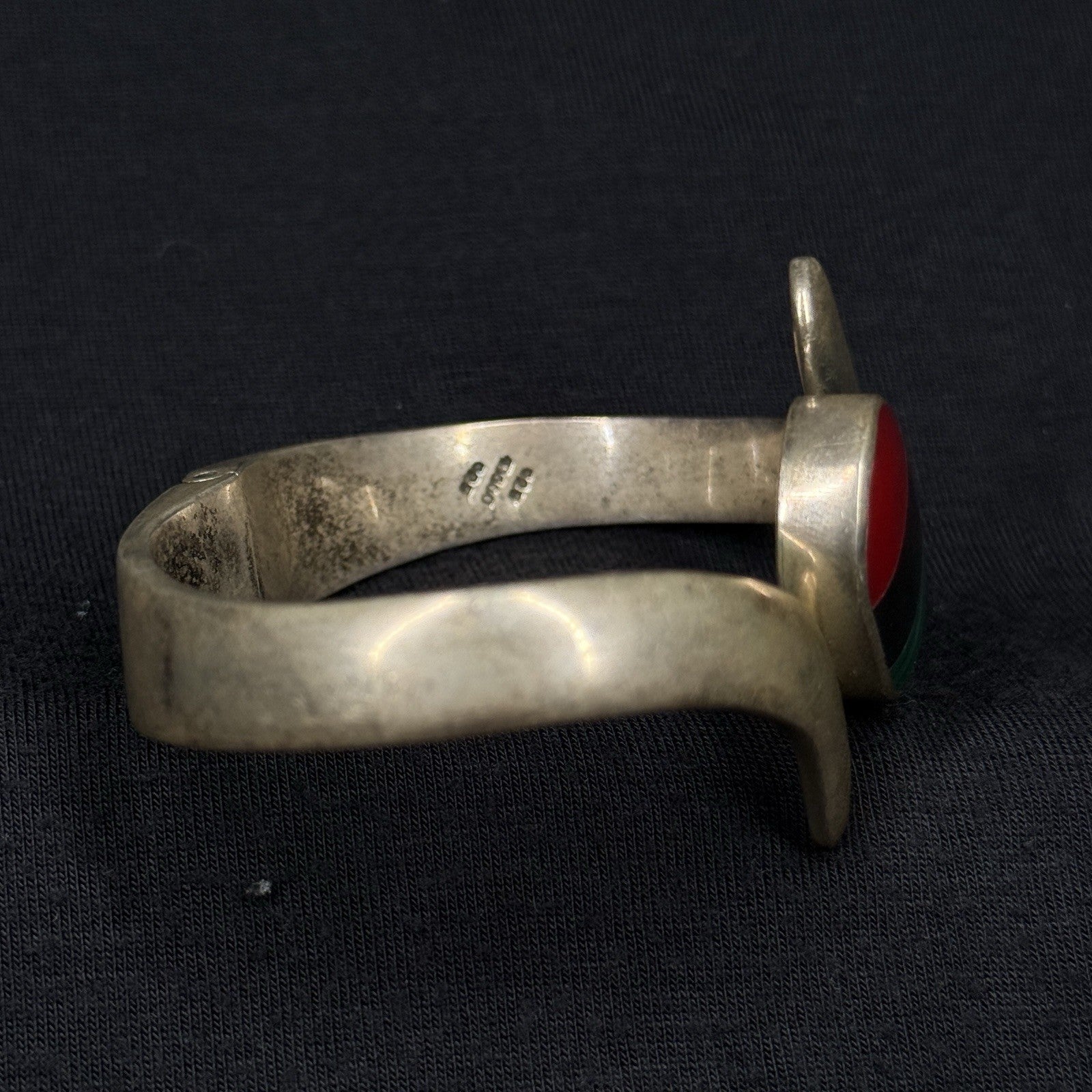 Estate Sterling Silver Stone Inlay Clamp Bangle Bracelet Cuff 925 Mexico HEAVY