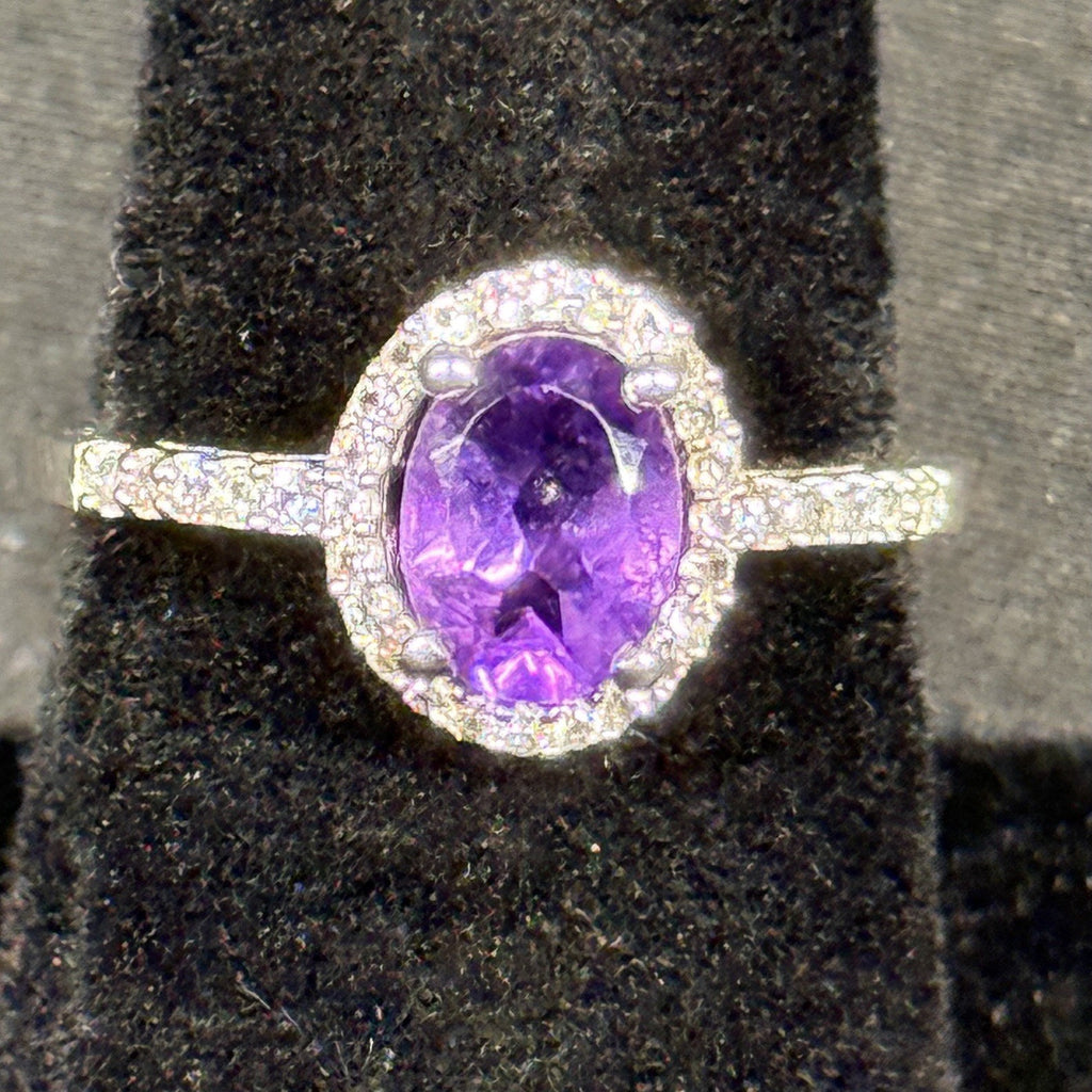 Estate Sterling Silver Ring Stone Purple Amethyst CZ Halo SZ 7 925
