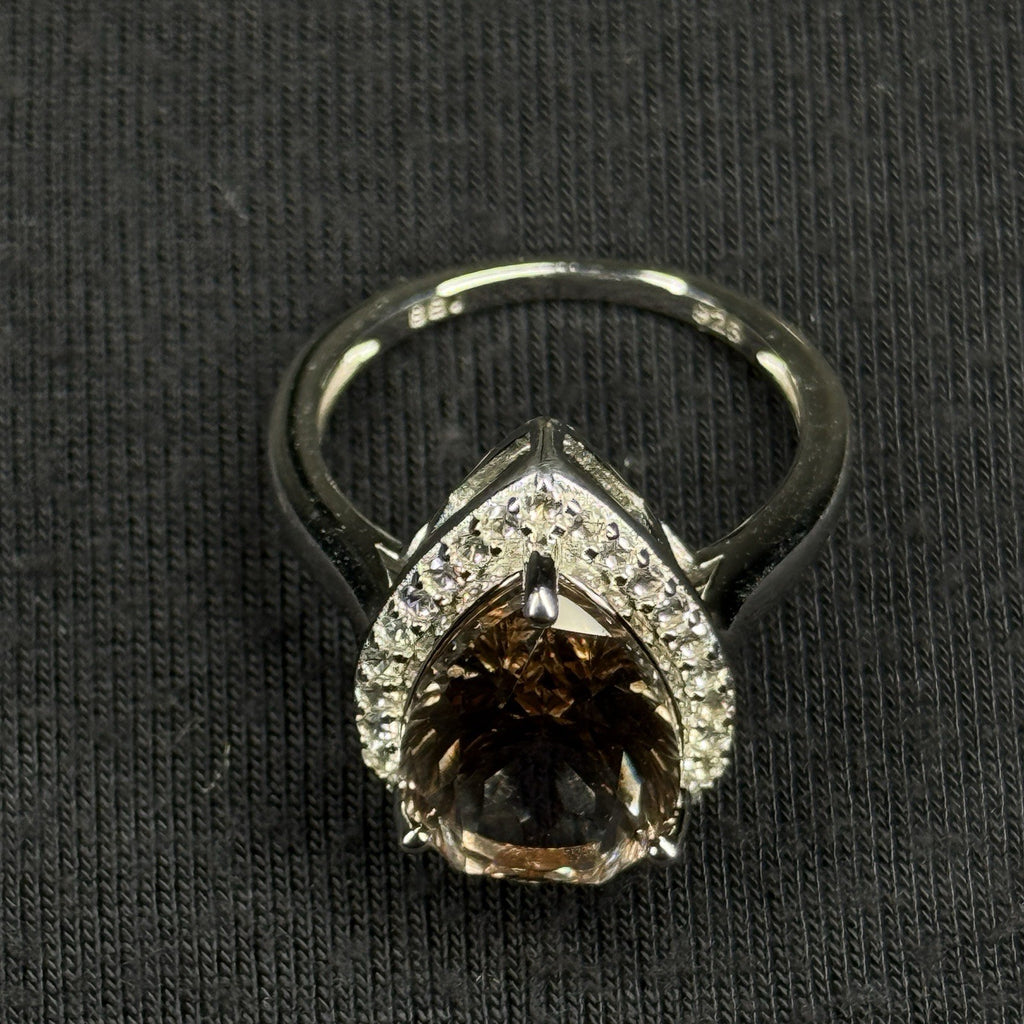 Estate Sterling Silver Ring Pear Cut Smoky Quartz Halo Ring Size 7.5 925 Djoy