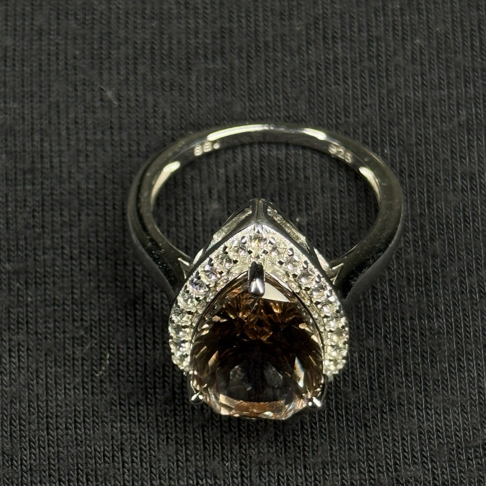 Estate Sterling Silver Ring Pear Cut Smoky Quartz Halo Ring Size 7.5 925 Djoy