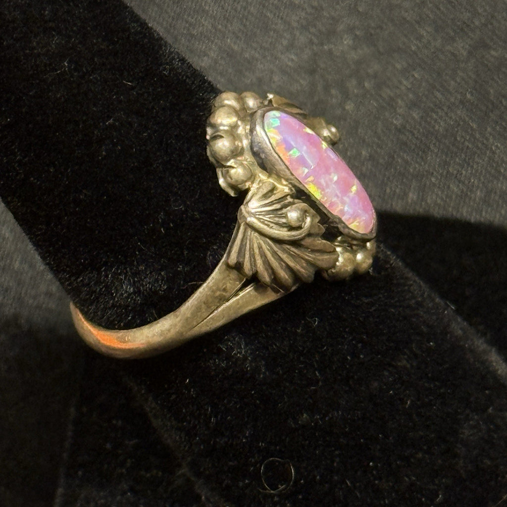 Native American Sterling Silver Ring Pink Fire Opal Running Bear RB Size 5.5