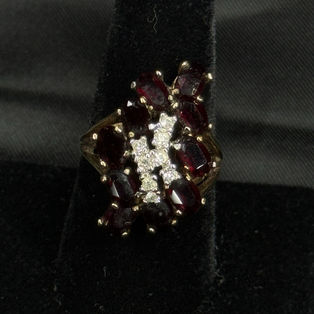 Estate Sterling Silver Ring Garnet CZ Cluster Gold Washed Size 7.5 925