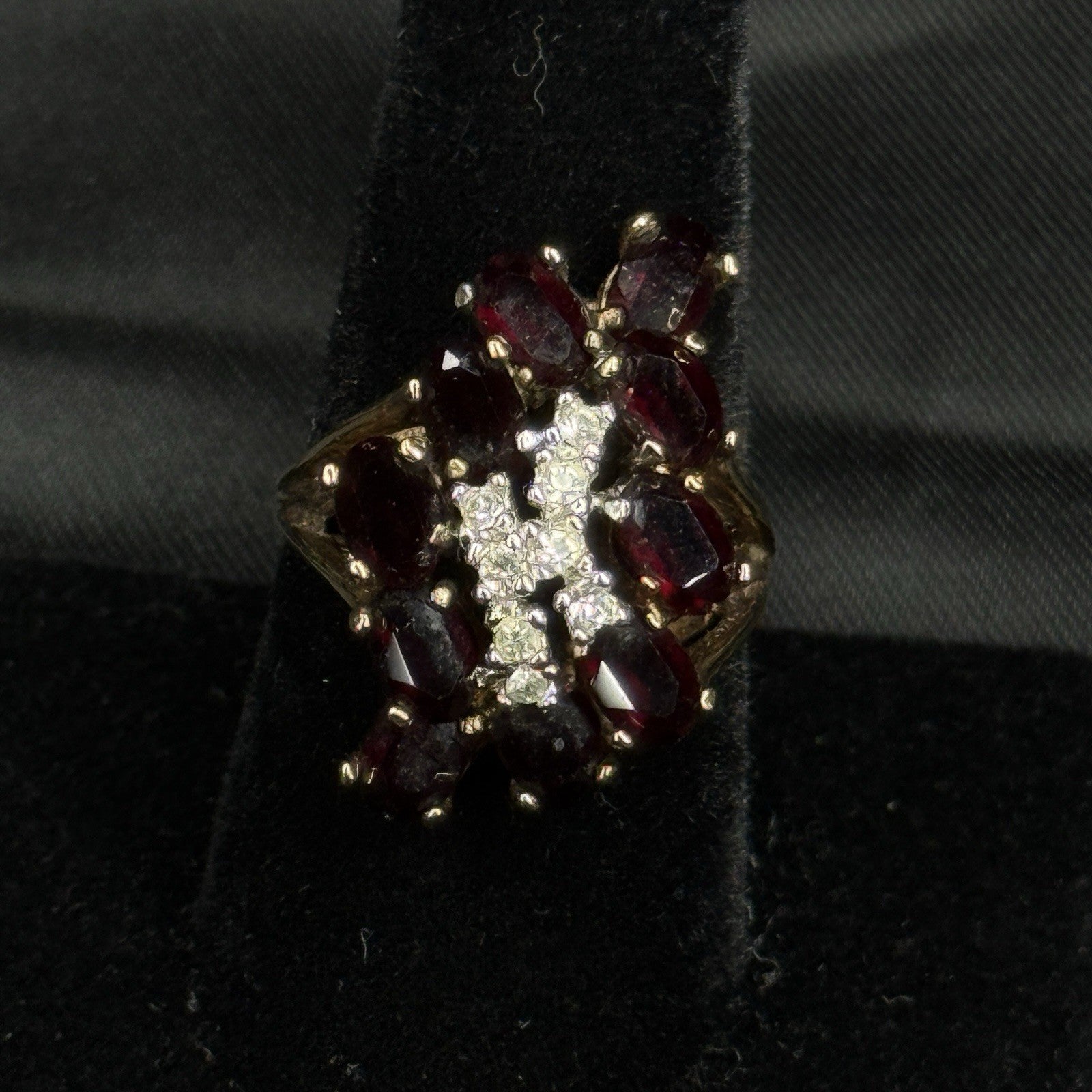 Estate Sterling Silver Ring Garnet CZ Cluster Gold Washed Size 7.5 925