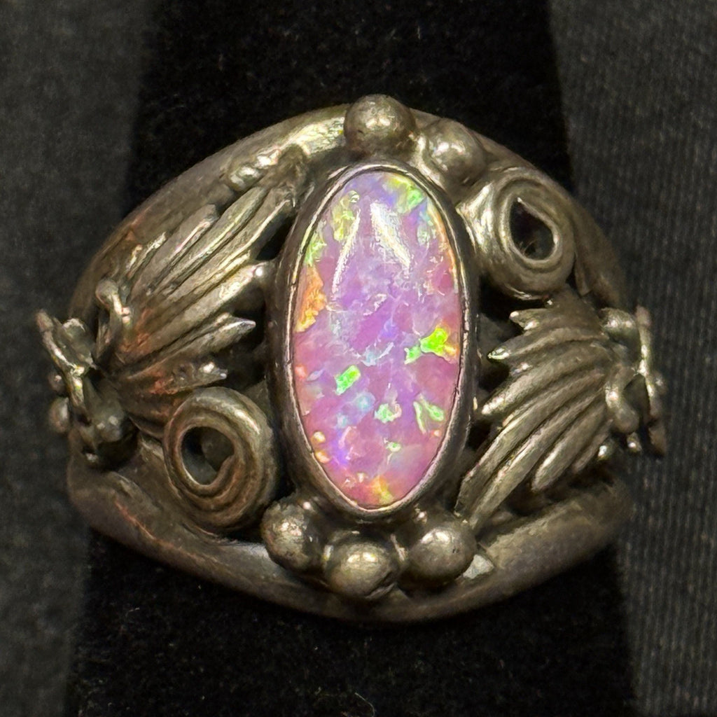 Native American Sterling Silver Ring Pink Fire Opal Signed Nila Johnson Sz 6.75