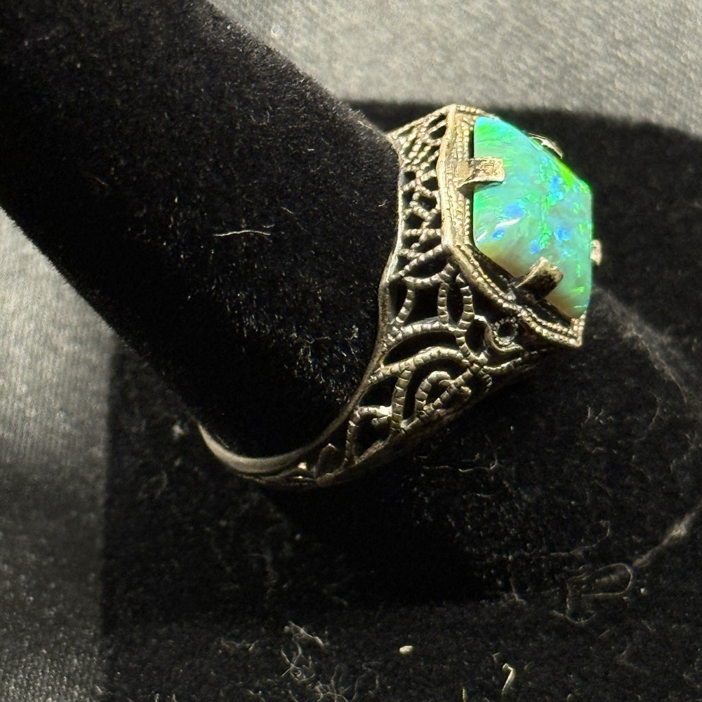 Sterling Ring Silver Ring Art Deco Filigree Green Opal Size 7.5 Signed SS