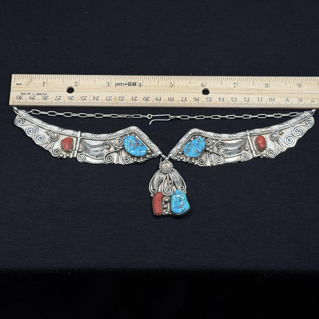 Native American Sterling Silver Turquoise Coral Bib Collar Necklace 925 JL 86g