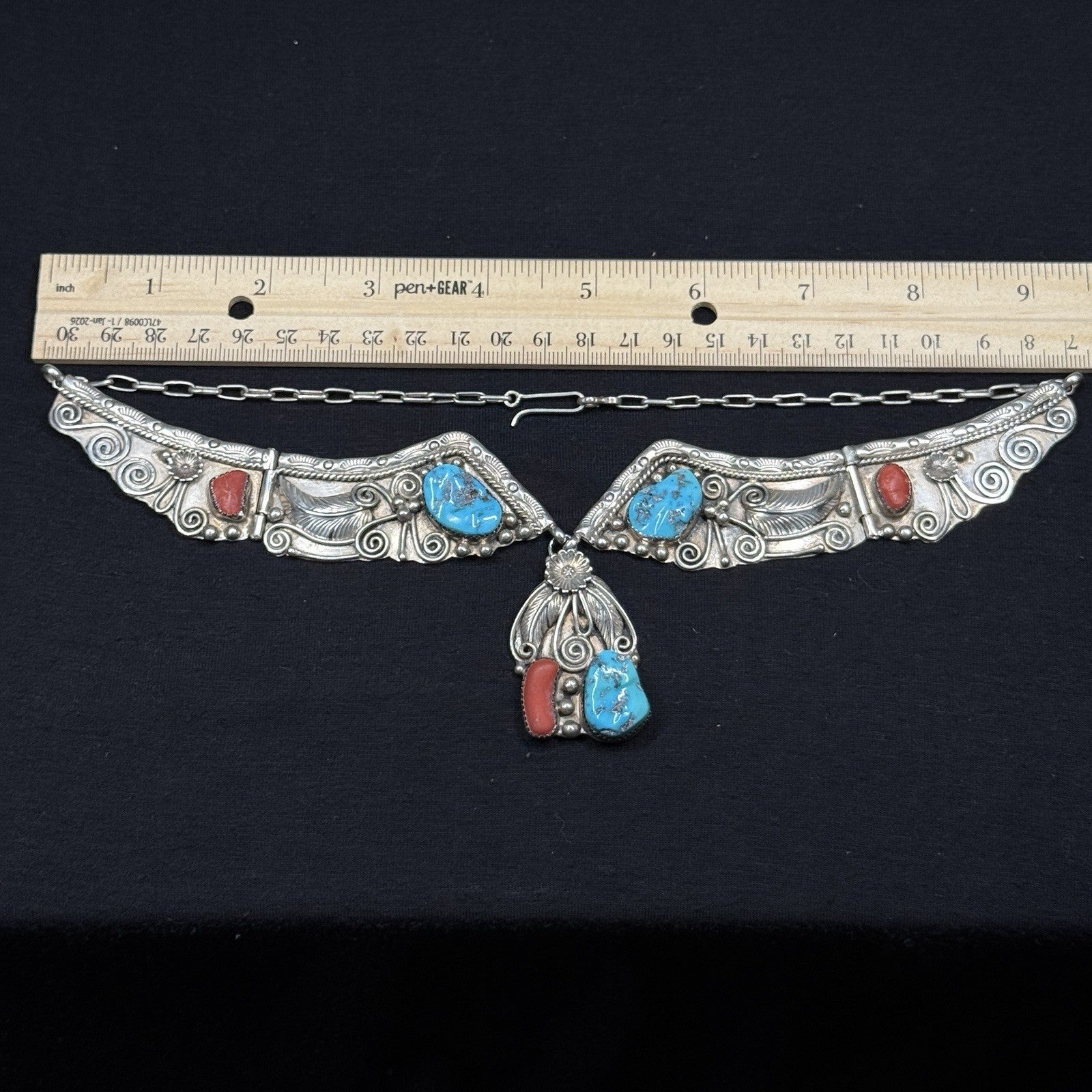 Native American Sterling Silver Turquoise Coral Bib Collar Necklace 925 JL 86g