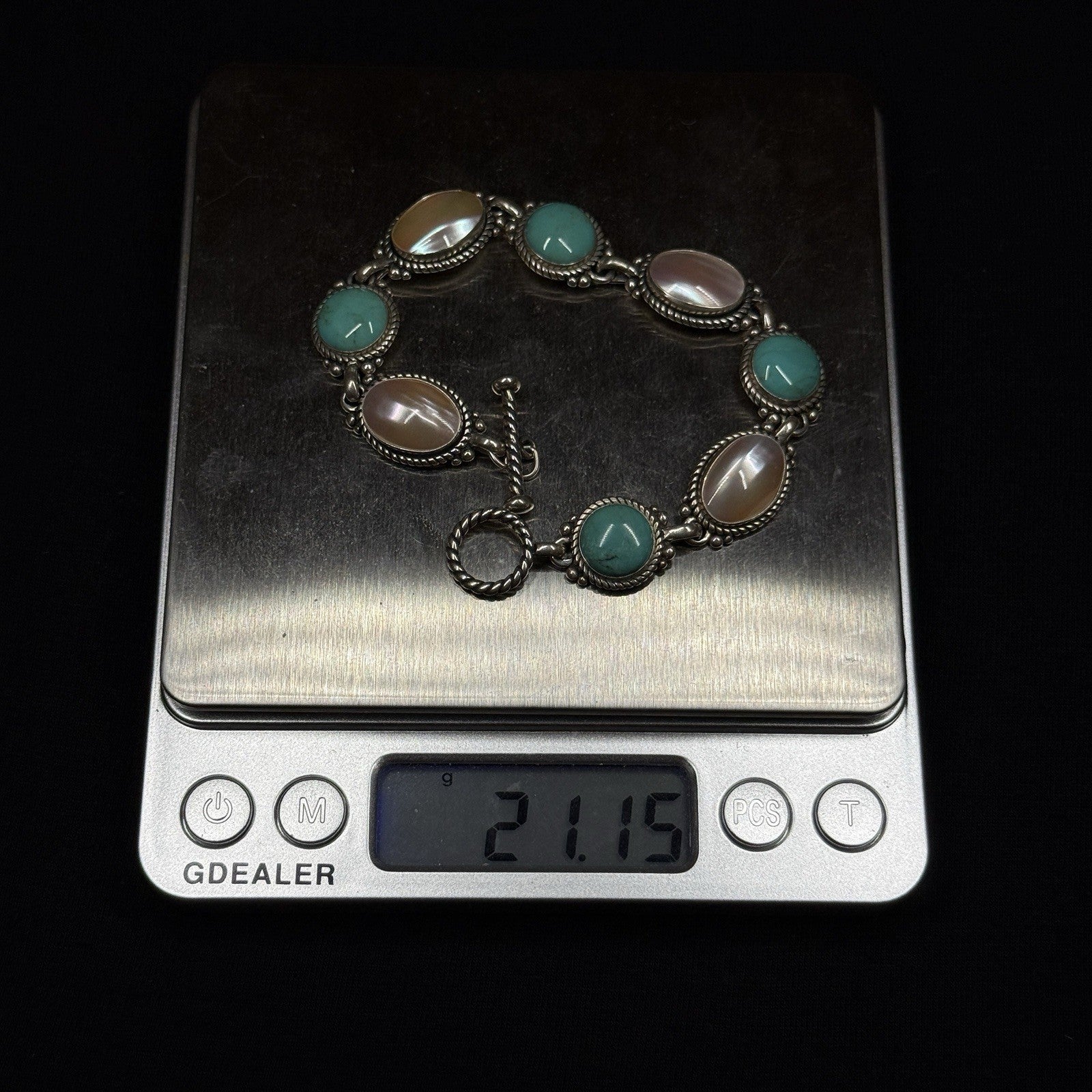 Estate Carolyn Pollack Sterling Turquoise and MOP Toggle Bracelet 7 925