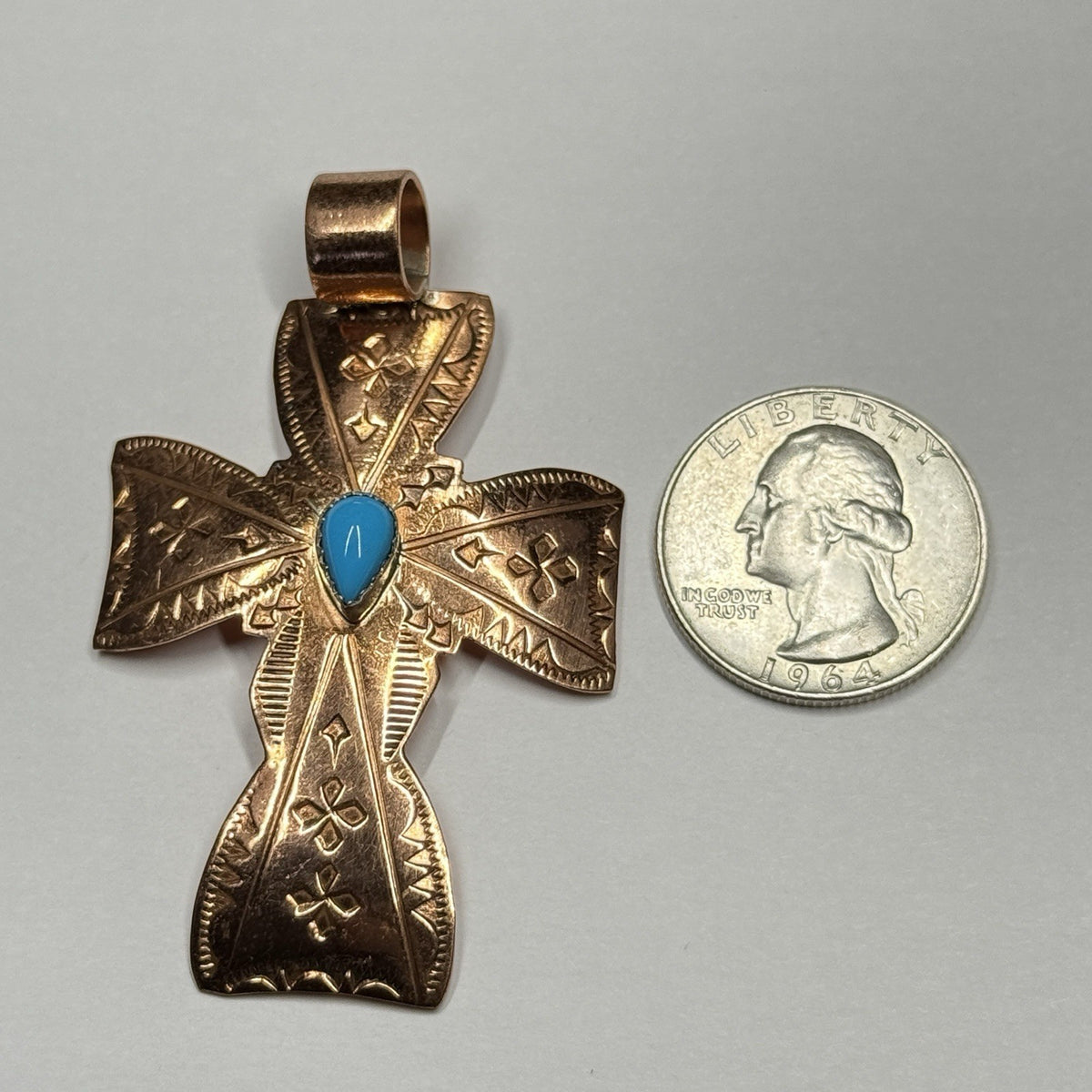 Running Bear Copper Turquoise One Stone Cross Pendant Stamped RB 925 Native