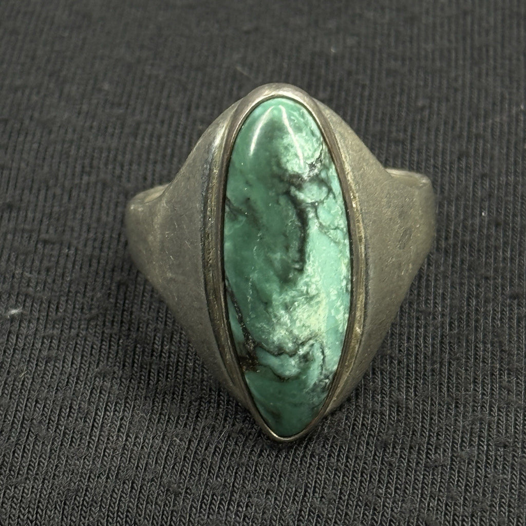 Native Green Turquoise Sterling Silver Elongated Ring Size 12.5 925 Heavy