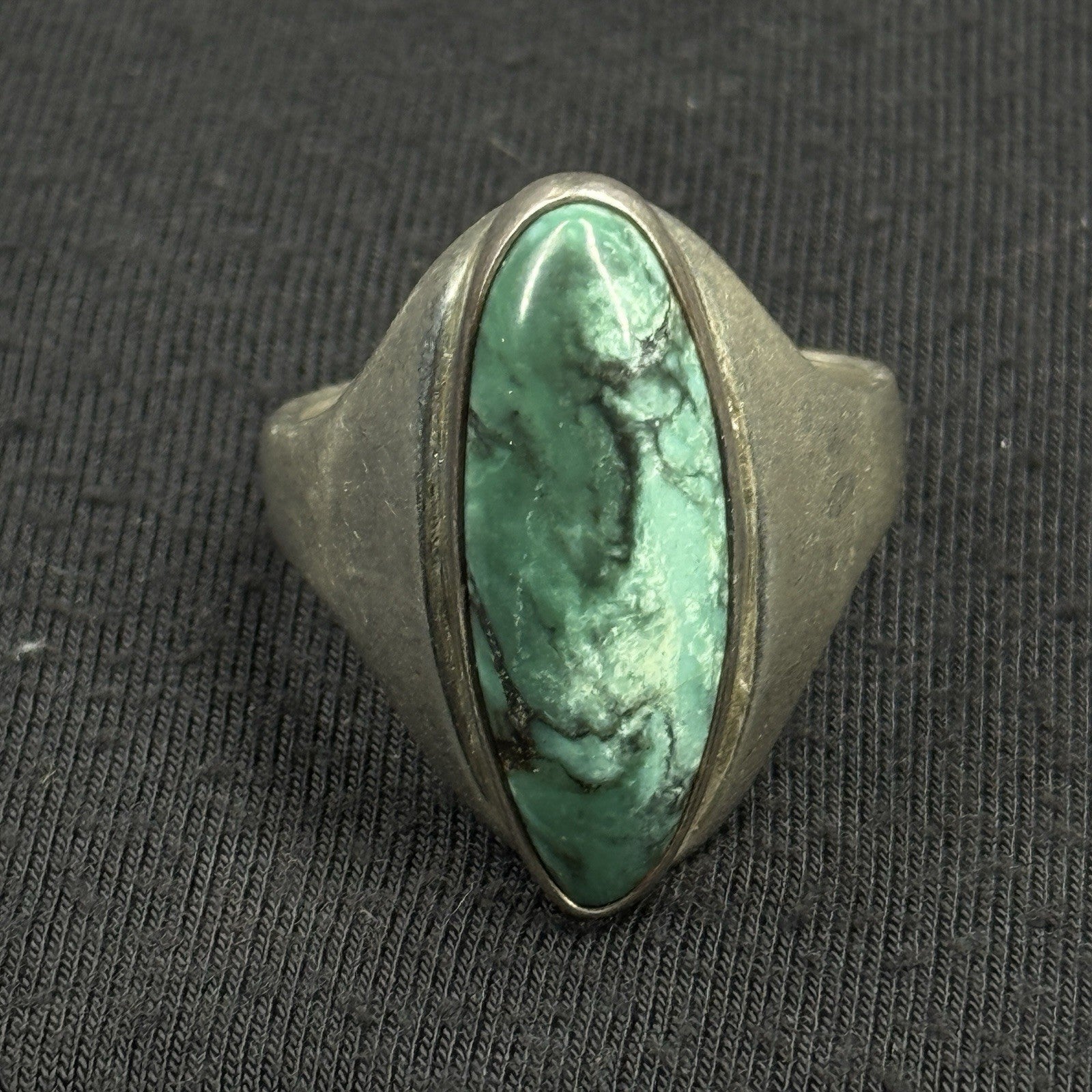 Native Green Turquoise Sterling Silver Elongated Ring Size 12.5 925 Heavy