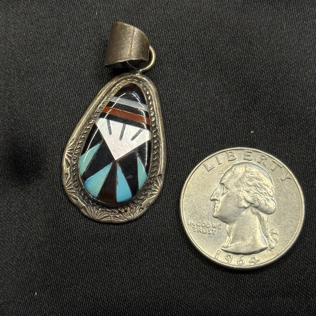 Native American Sterling Silver Pendant Zuni Inlay Signed Leslie & Gladys Lamy