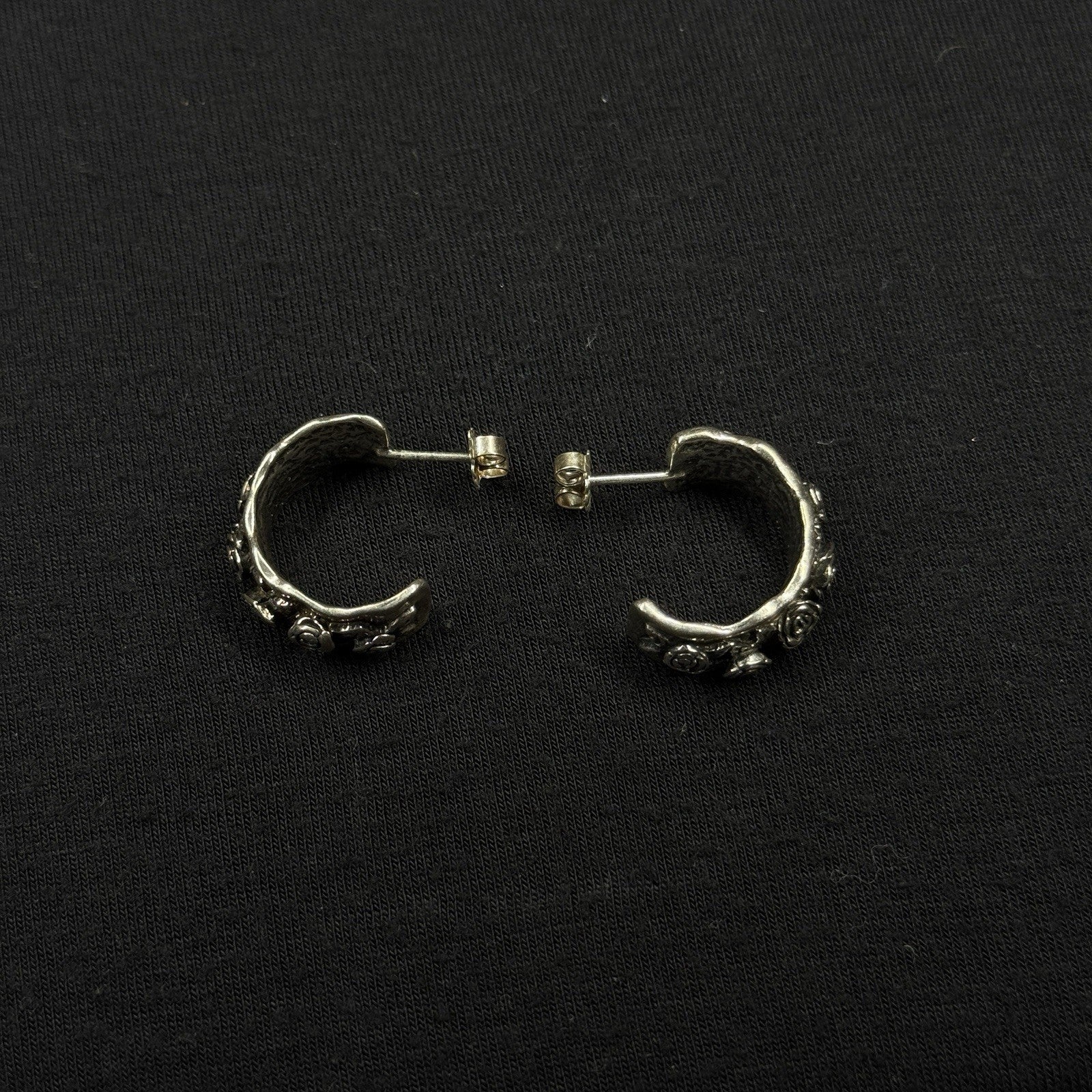 Estate Sterling Silver Earrings Floral  Half Hoop Stud 925 Israel