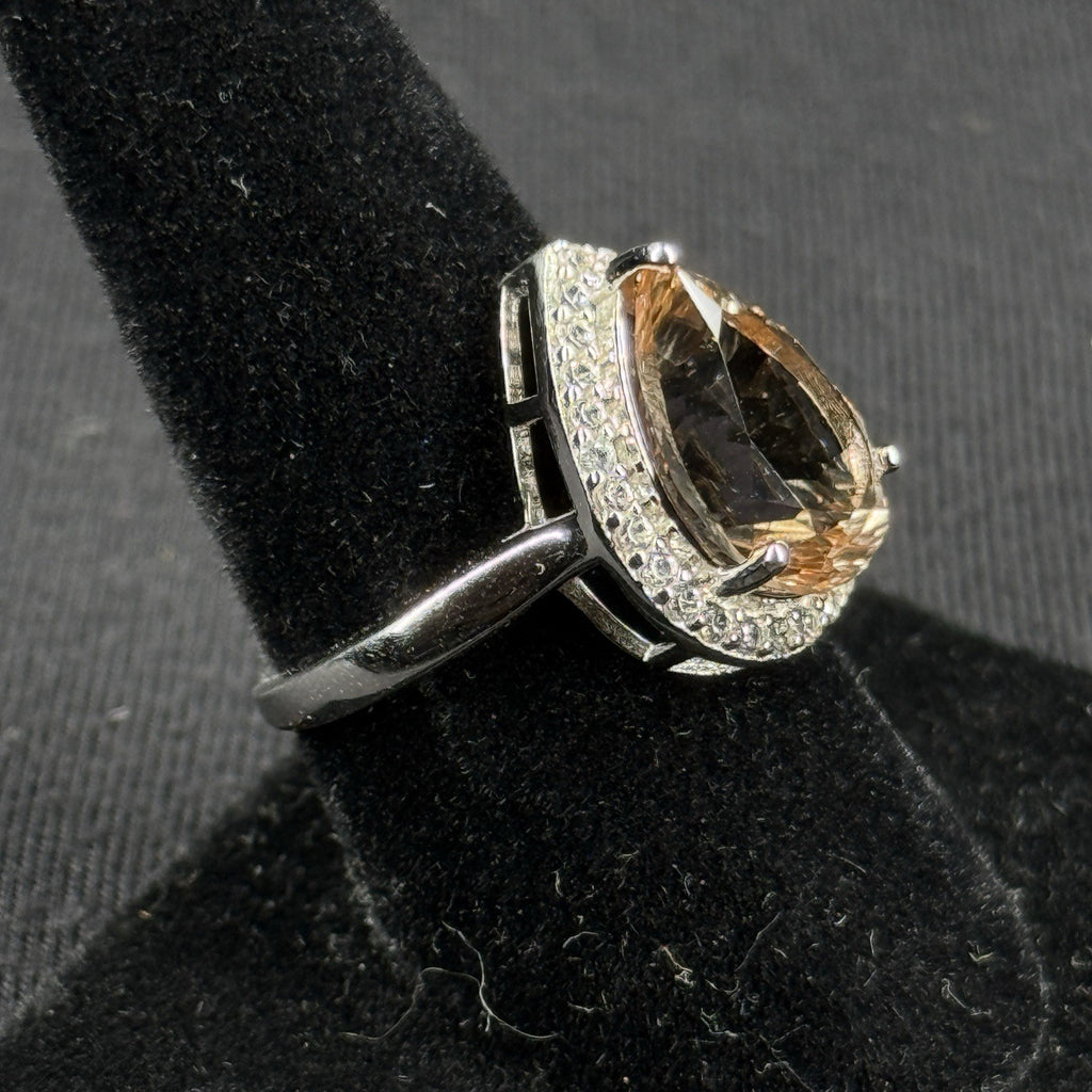 Estate Sterling Silver Ring Pear Cut Smoky Quartz Halo Ring Size 7.5 925 Djoy