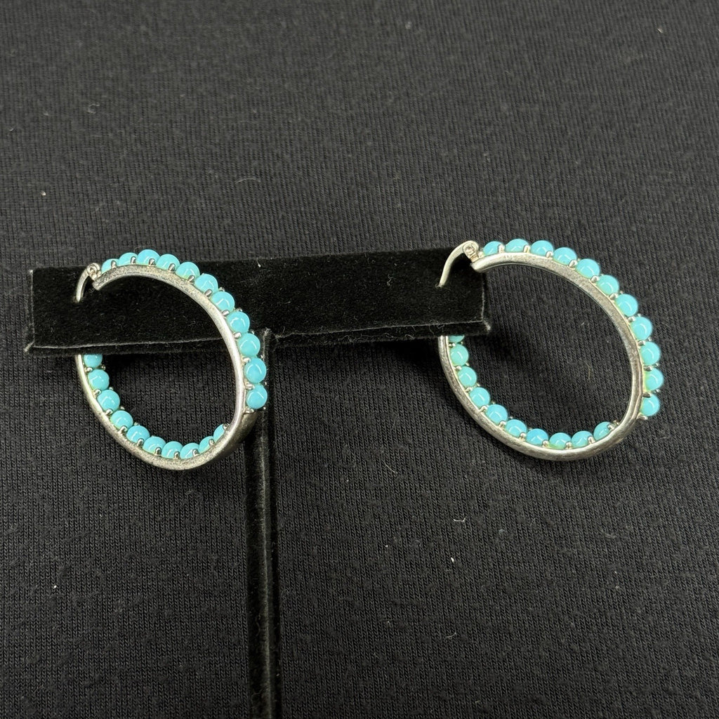Estate Sterling Silver Earrings Turquoise Hoop SX 925