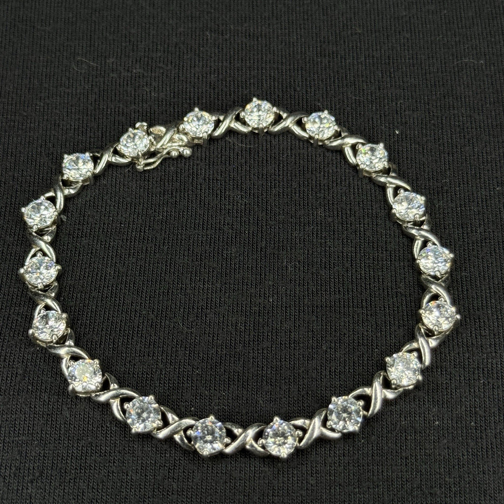 Estate Sterling Silver XO Link CZ Tennis Bracelet  925 7.5IN