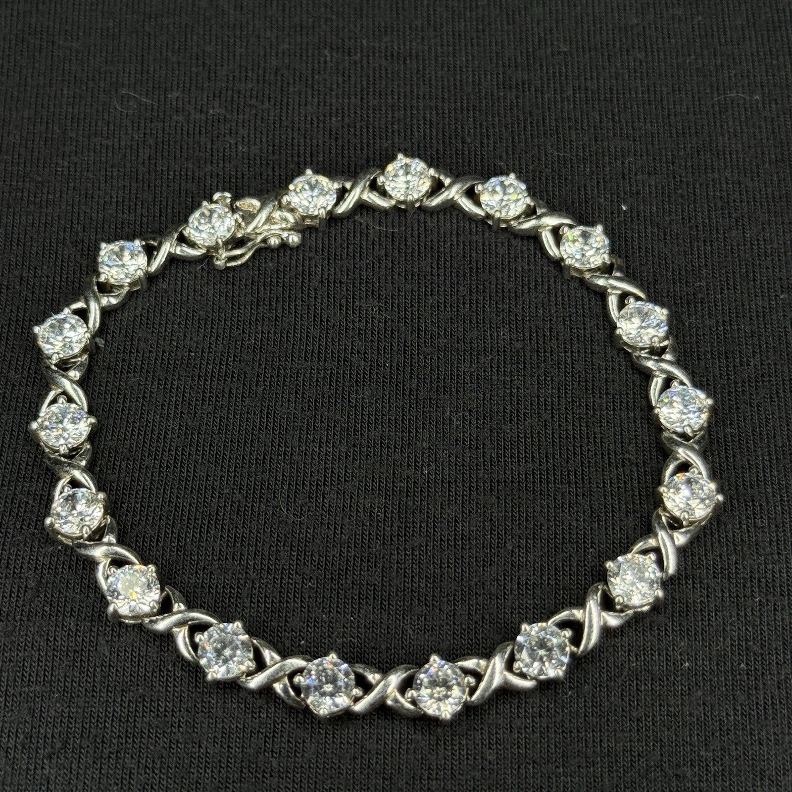 Estate Sterling Silver XO Link CZ Tennis Bracelet  925 7.5IN
