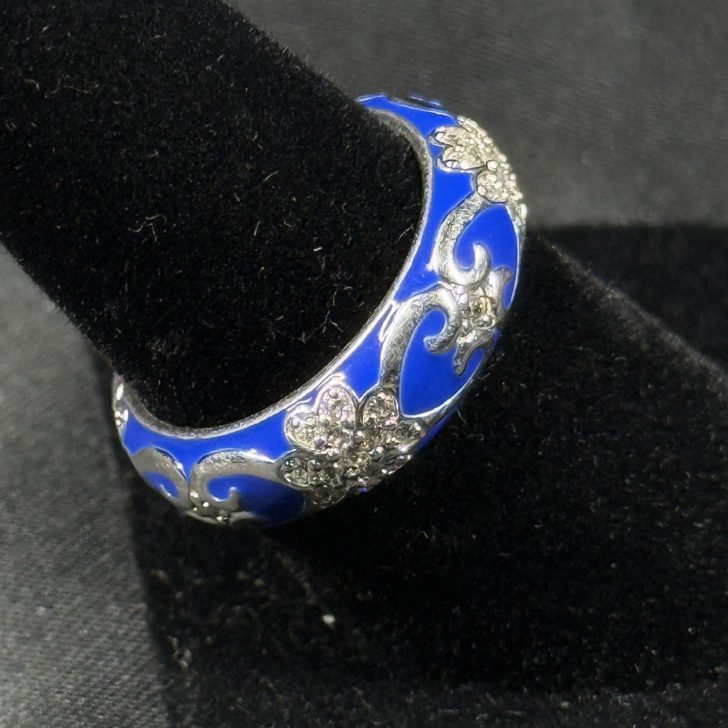 Estate Sterling Silver Ring Blue Enamel CZ Floral Size 7 925