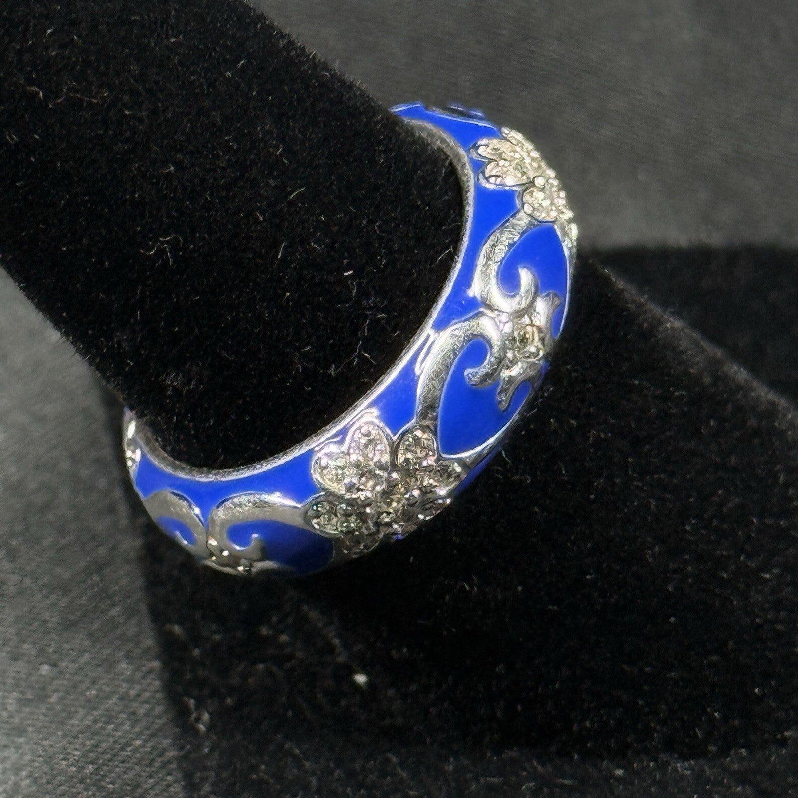 Estate Sterling Silver Ring Blue Enamel CZ Floral Size 7 925