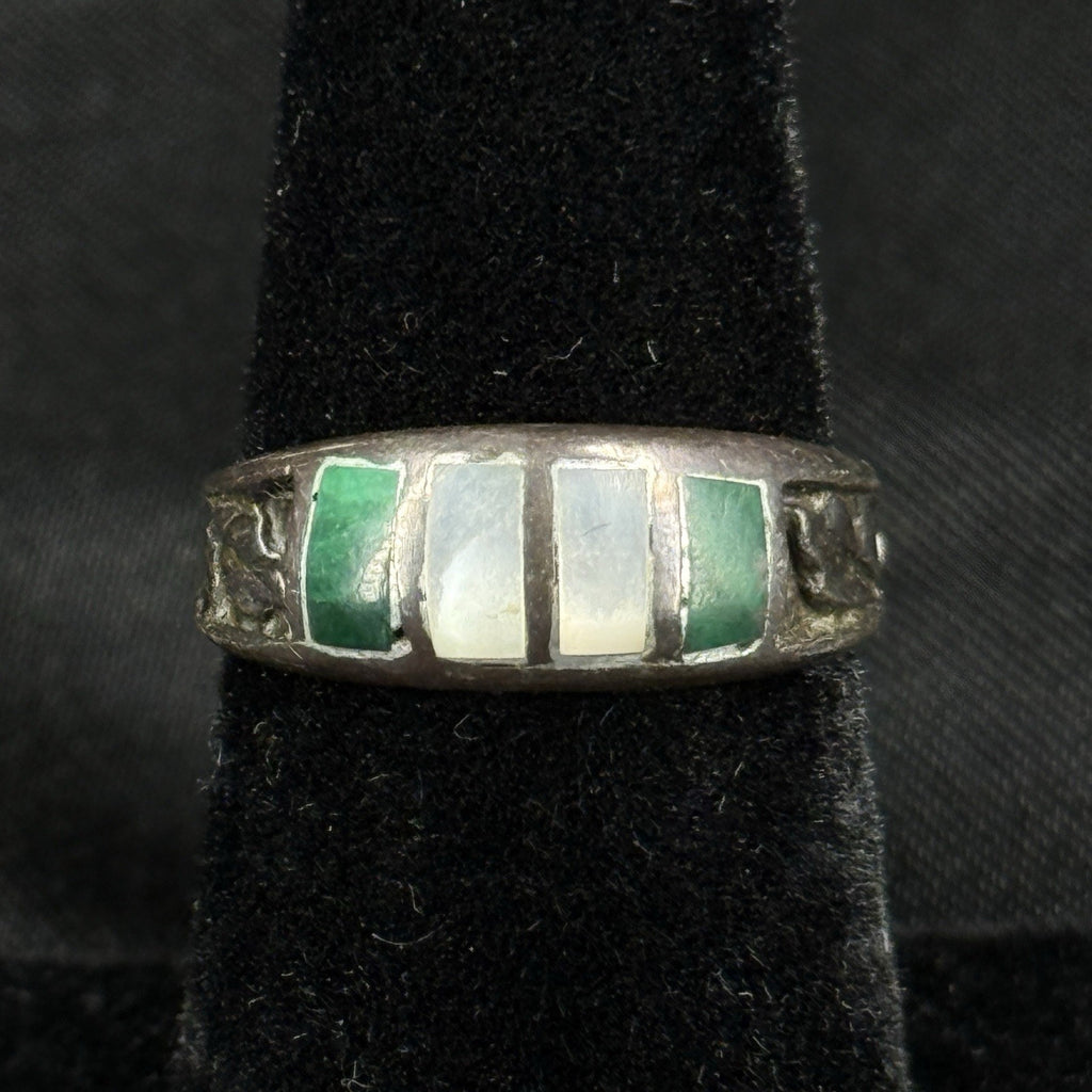 Estate Sterling Silver Ring Malachite Mother Of Pearl Inlay Size 6 925