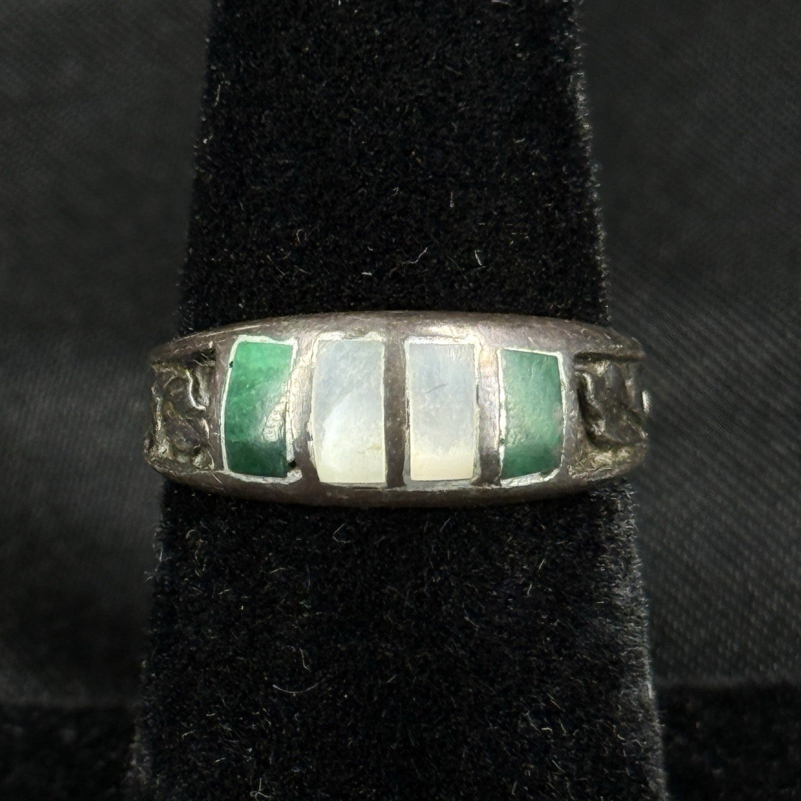 Estate Sterling Silver Ring Malachite Mother Of Pearl Inlay Size 6 925