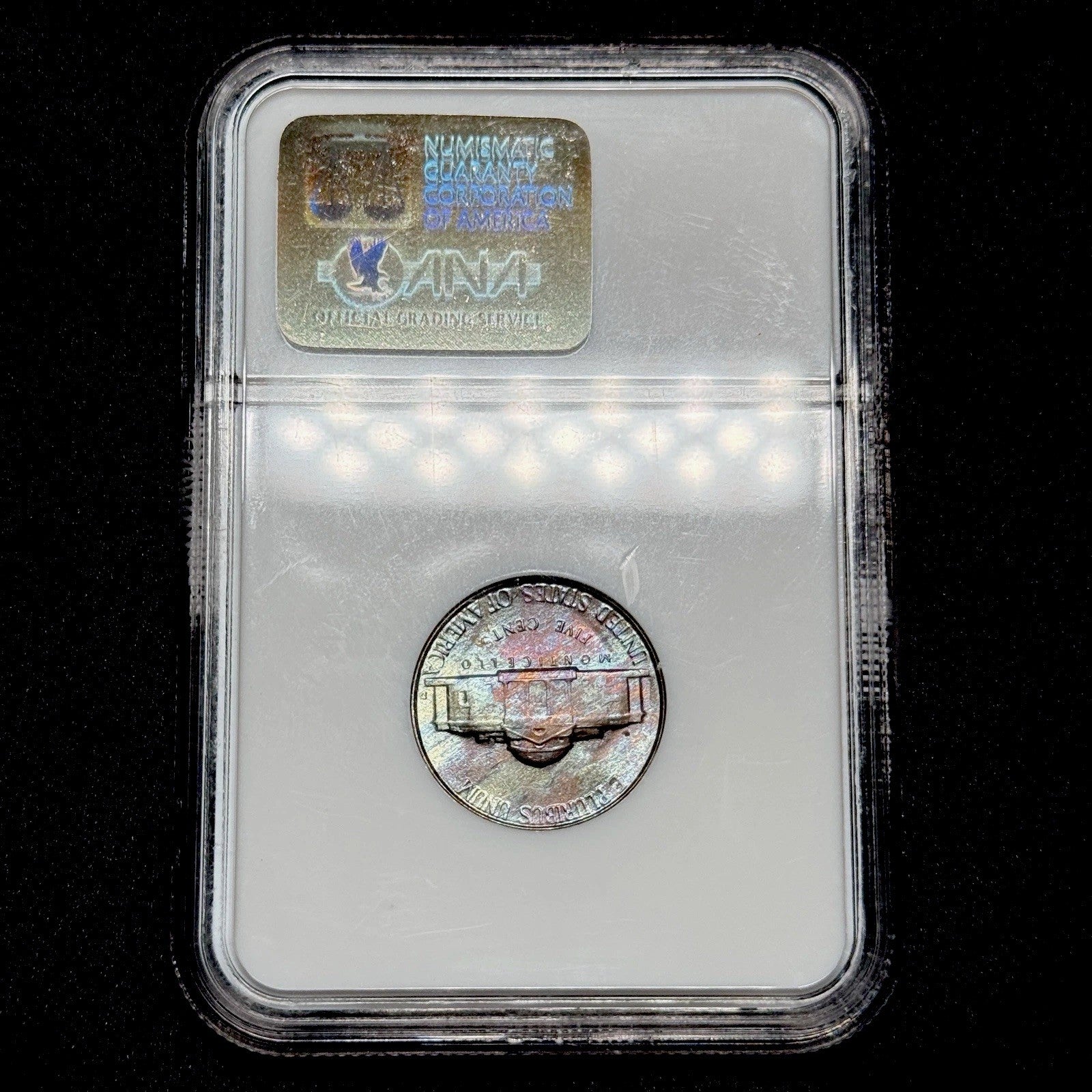 1950-D NGC 8.0 Holder T Designation MS 66 T Jefferson Nickel Rainbow Toned