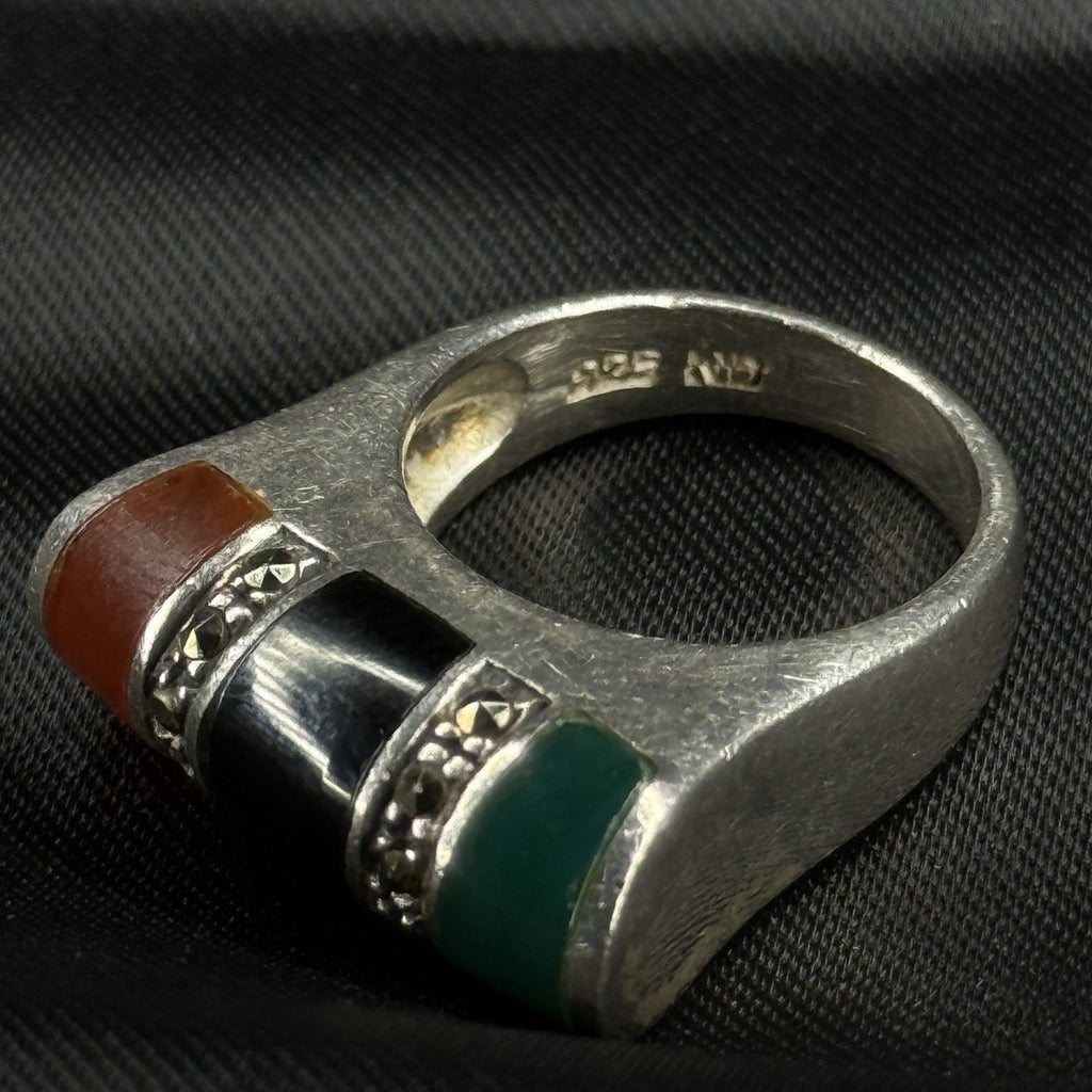 Estate Sterling Silver Ring Carnelian Oynx Marcasite Size 4.5 925