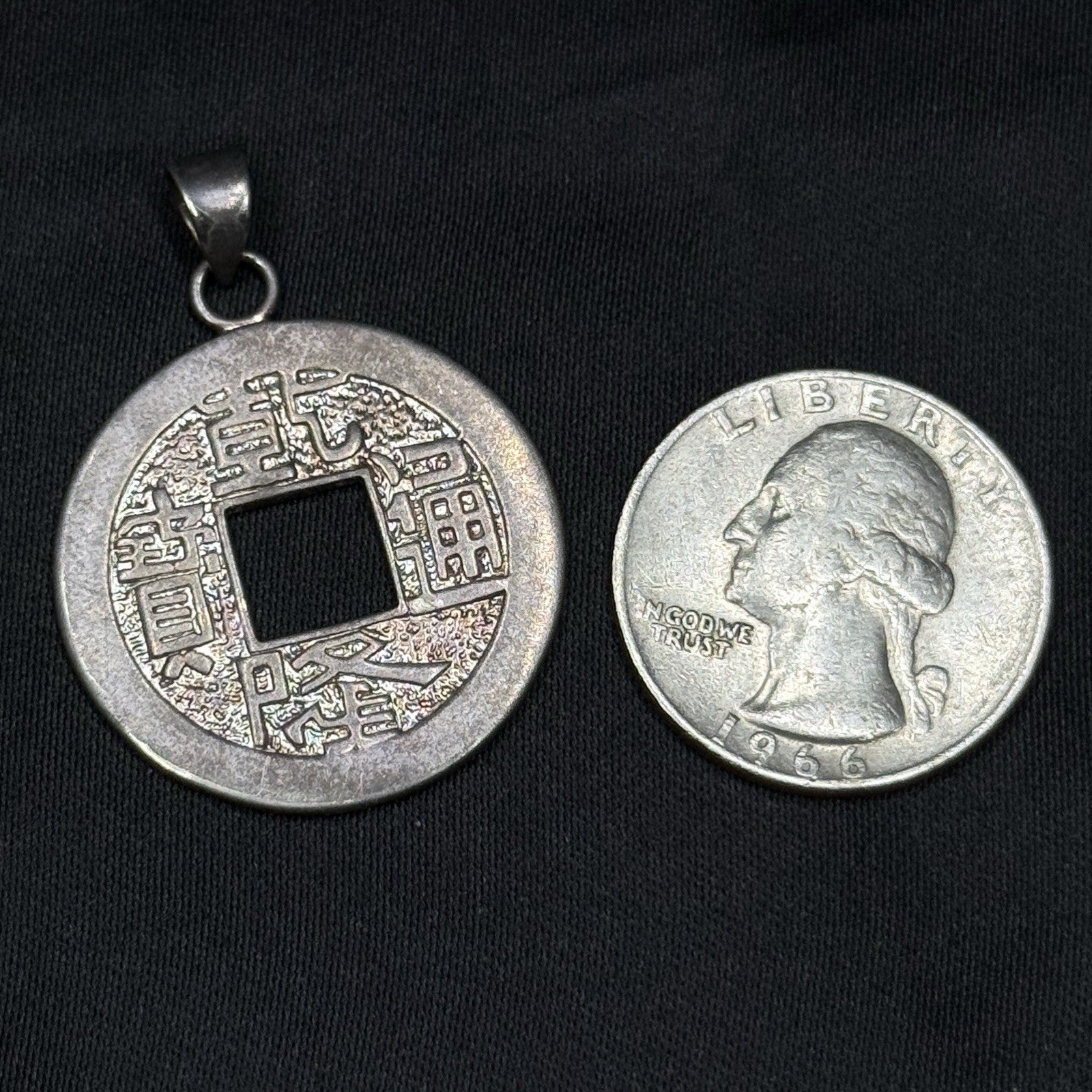Vintage Sterling Silver 925 East Asian Cash Coin Medallion Pendant