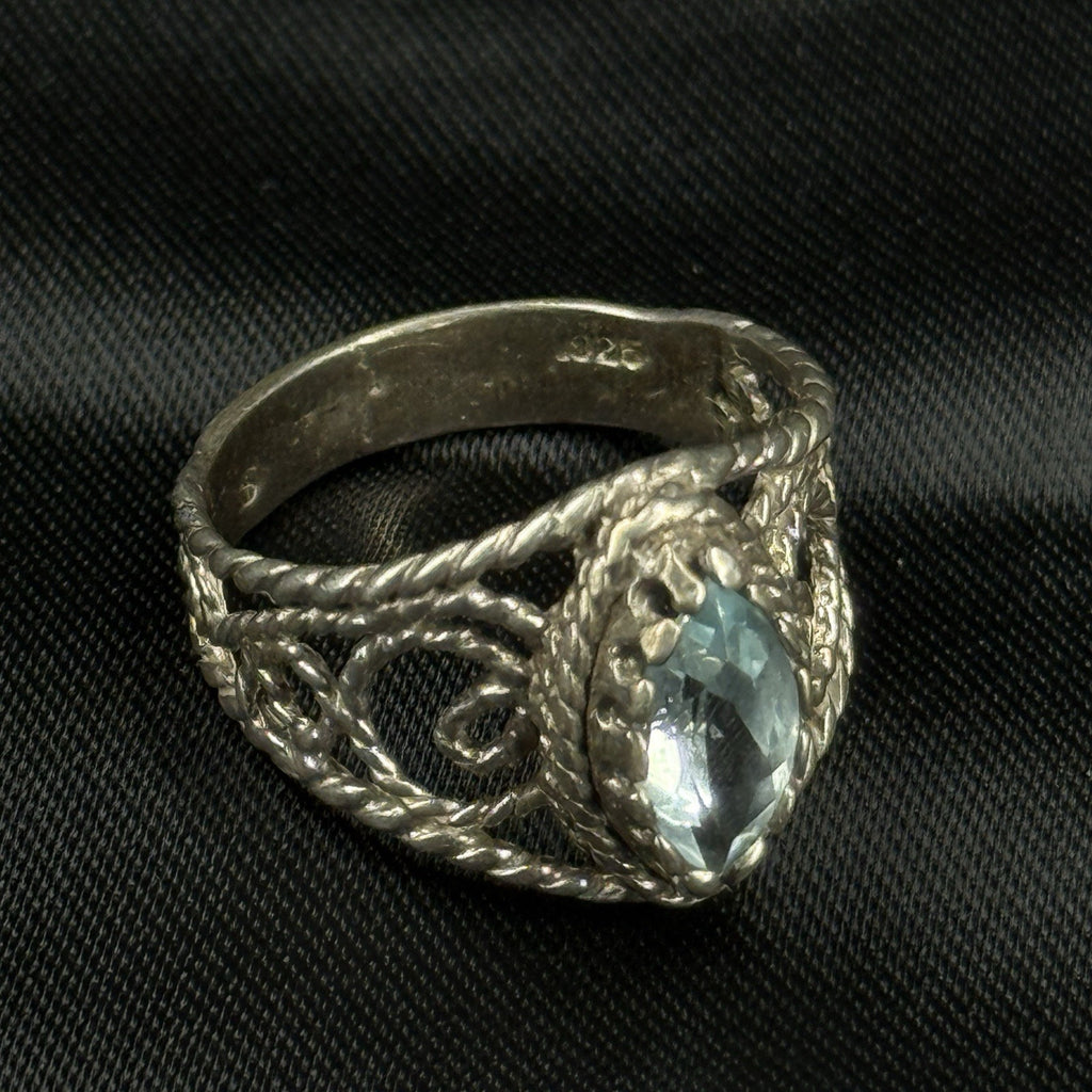 Estate Sterling Silver Ring Blue Topaz Filigree Rope Size 7 925