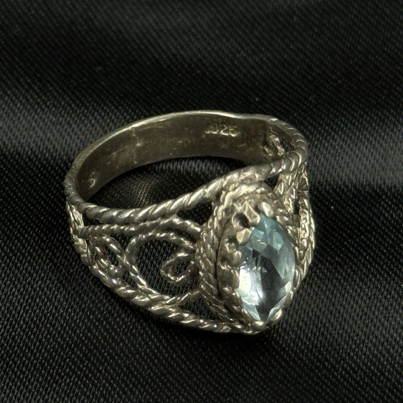 Estate Sterling Silver Ring Blue Topaz Filigree Rope Size 7 925