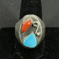 Native Turquoise Coral Large HEAVY Sterling Silver Ring Size 10 925