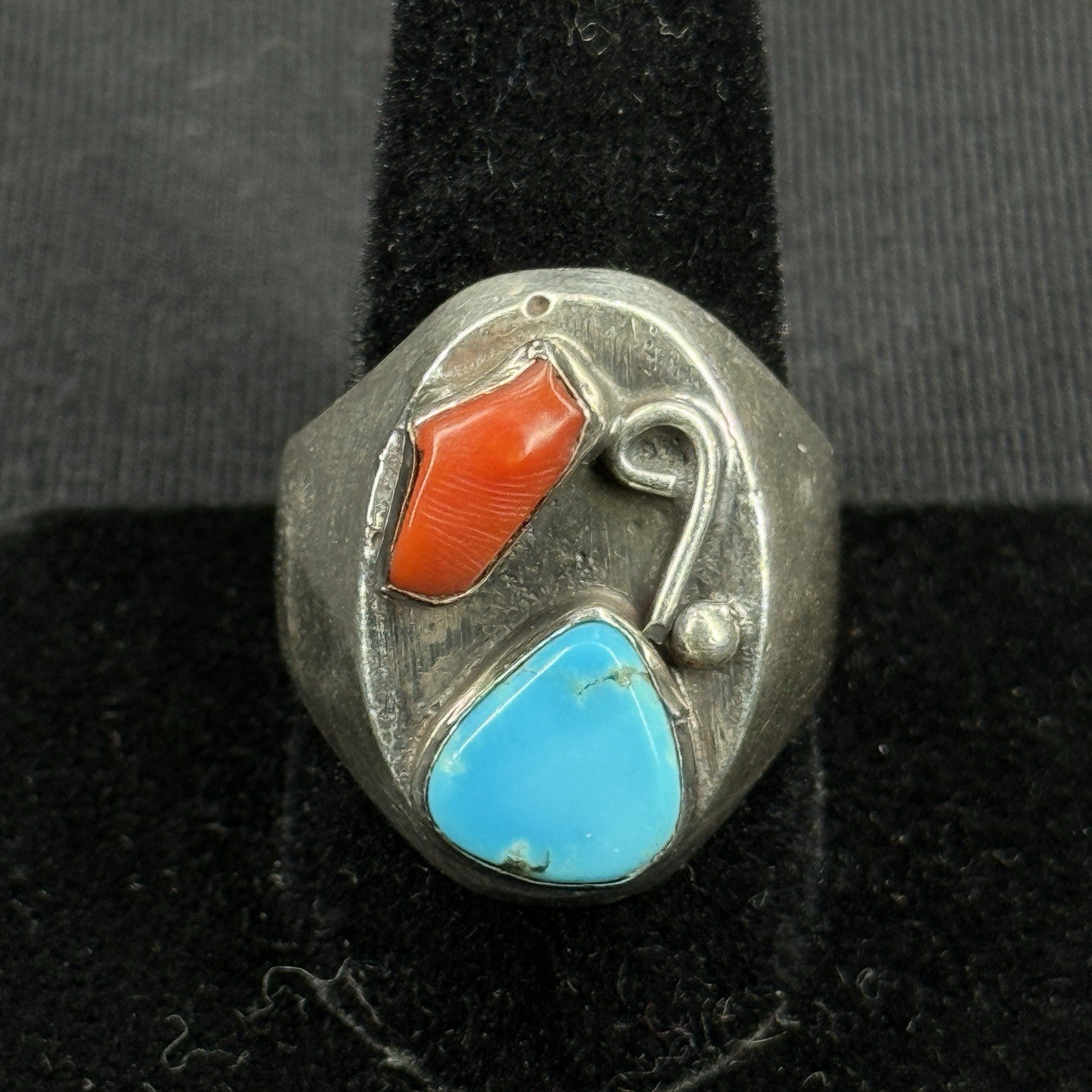 Native Turquoise Coral Large HEAVY Sterling Silver Ring Size 10 925