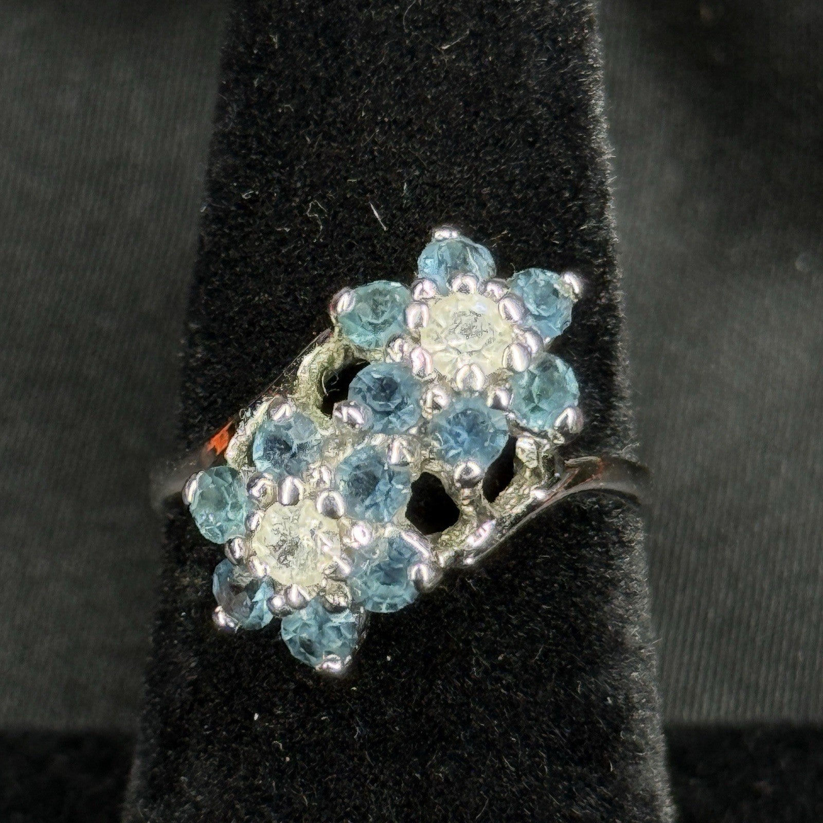 Estate Sterling Silver Ring Double Flower Cluster Blue Size 6 925