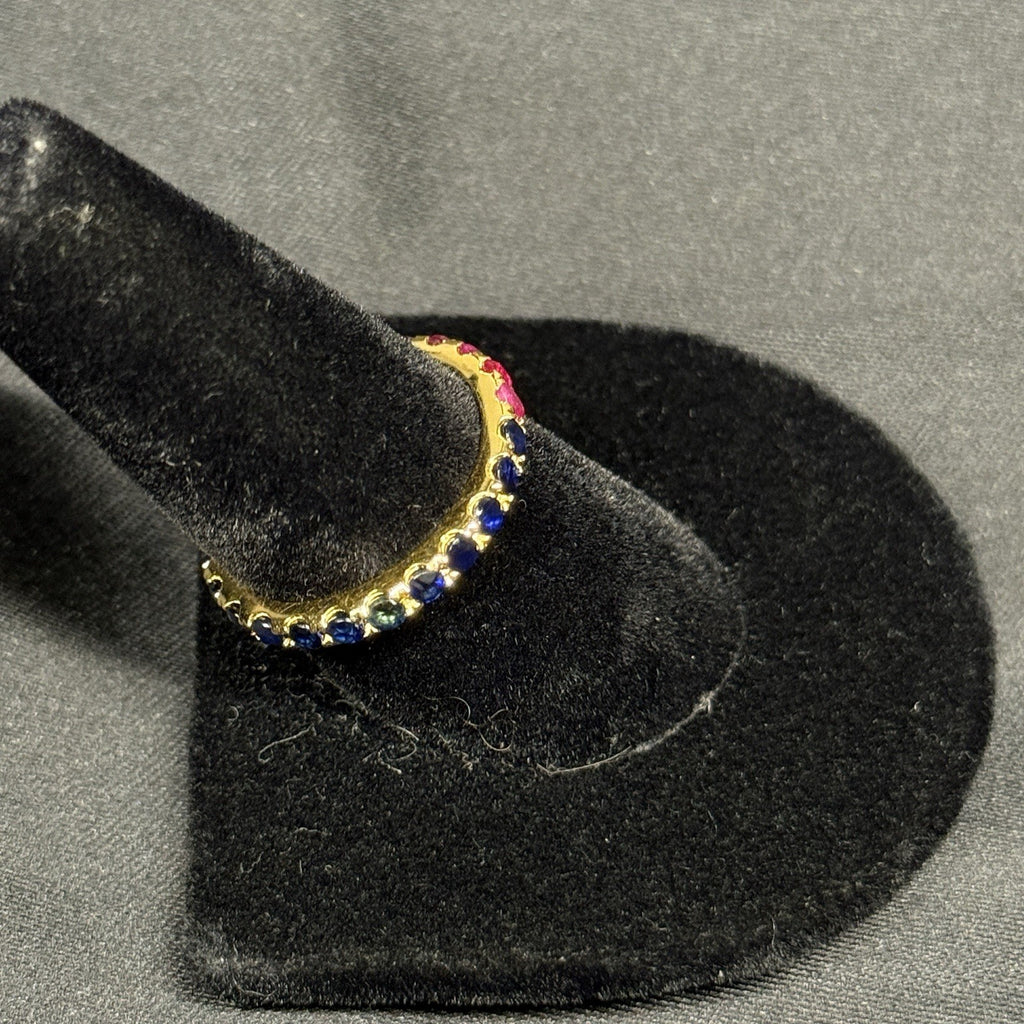 Estate Sterling Silver Gold Eternity Half Ring Rubies Sapphires Size 7.75 925