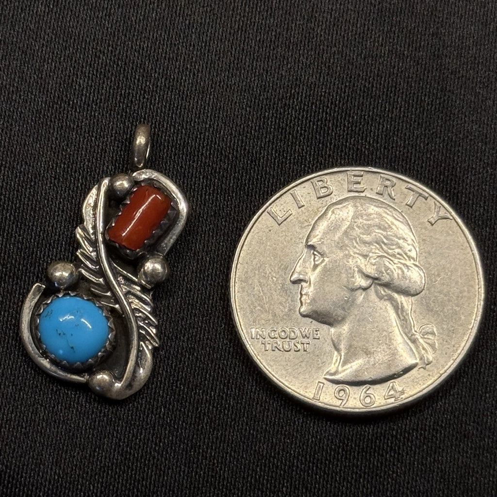Native American Sterling Silver Pendant Turquoise Coral Signed PC Navajo