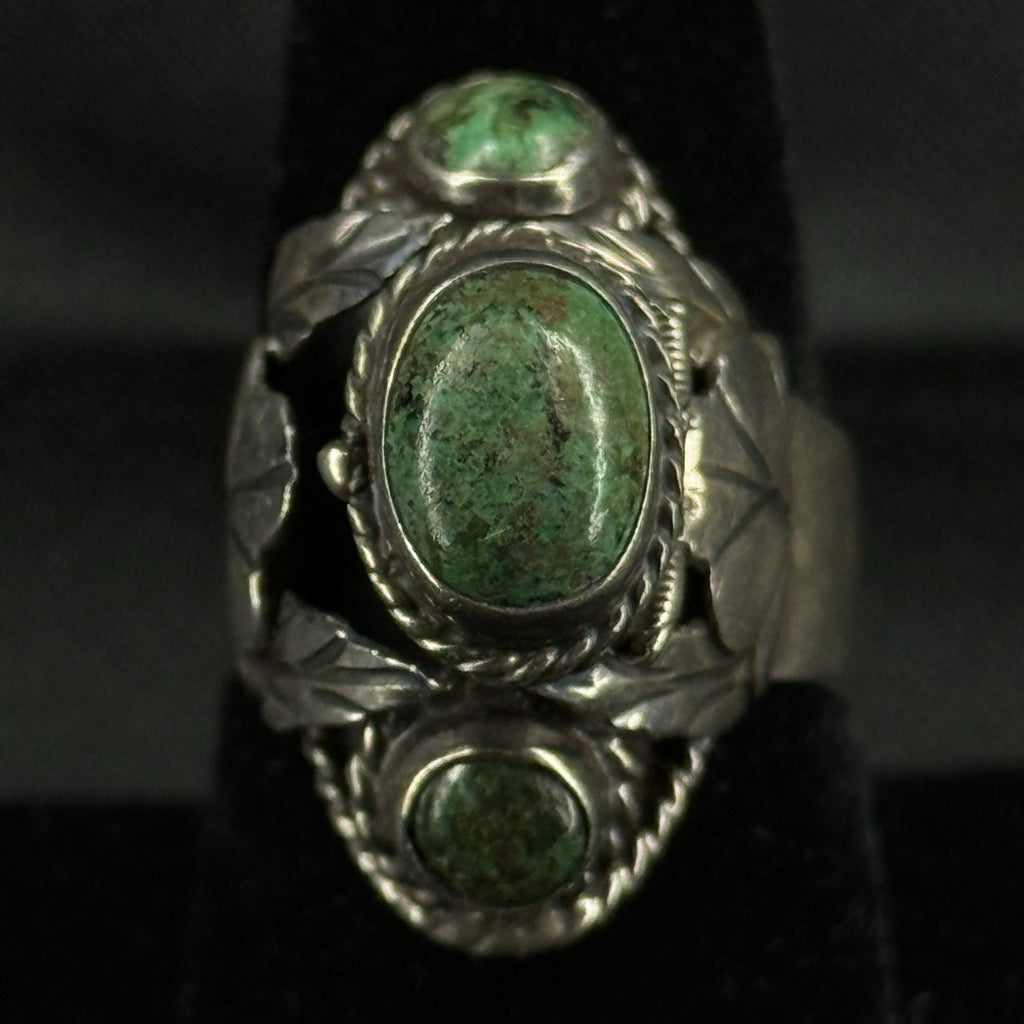 Estate Sterling Silver Pill Ring Green Turquoise Mexico Size 8 925