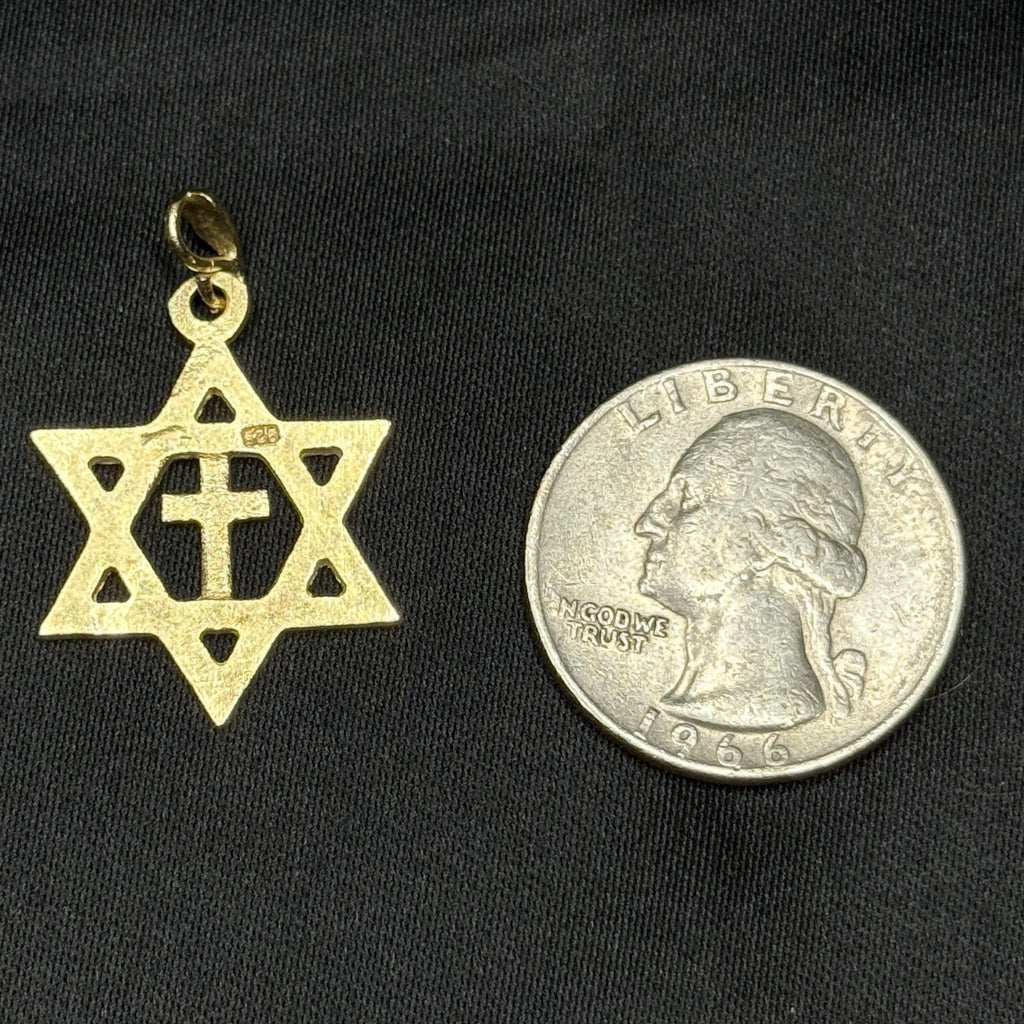 Estate 925 Sterling Silver Gold Star Of David With Central Cross Pendant