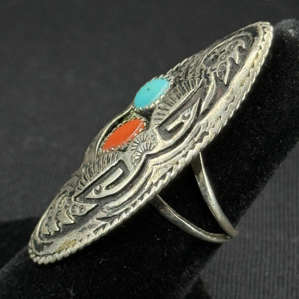 Native Turquoise Coral Thunder Bird Sterling Silver Ring Size 5.5 925 JN