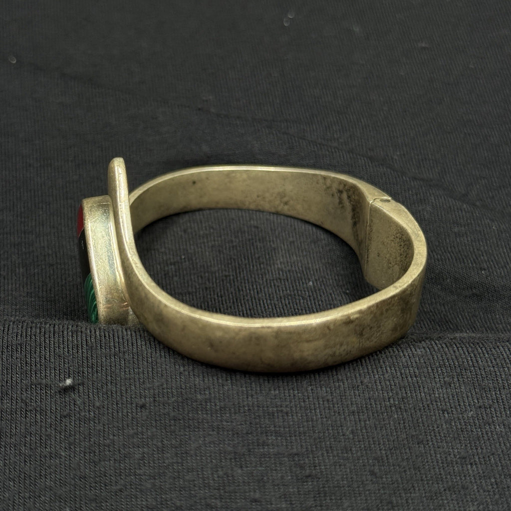 Estate Sterling Silver Stone Inlay Clamp Bangle Bracelet Cuff 925 Mexico HEAVY